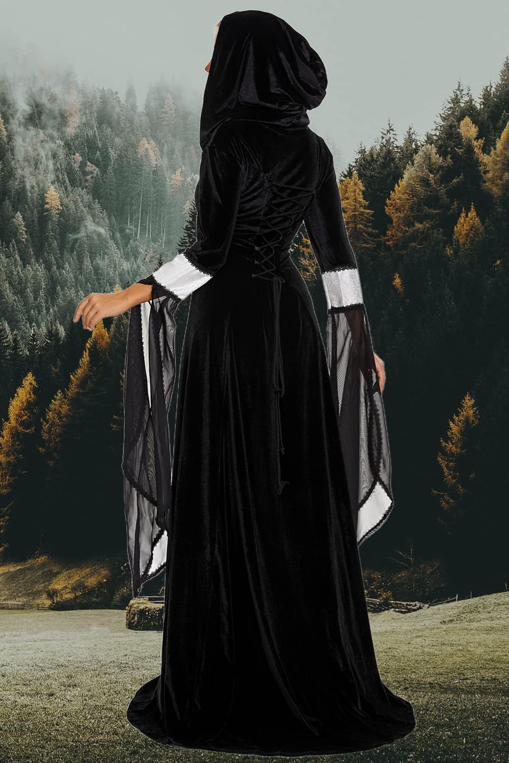 Medieval Victorian Dress for Women,Vintage Witch Halloween Renaissance Costumes Velvet Vampire Hooded Gothic Cosplay Gown - Image 3
