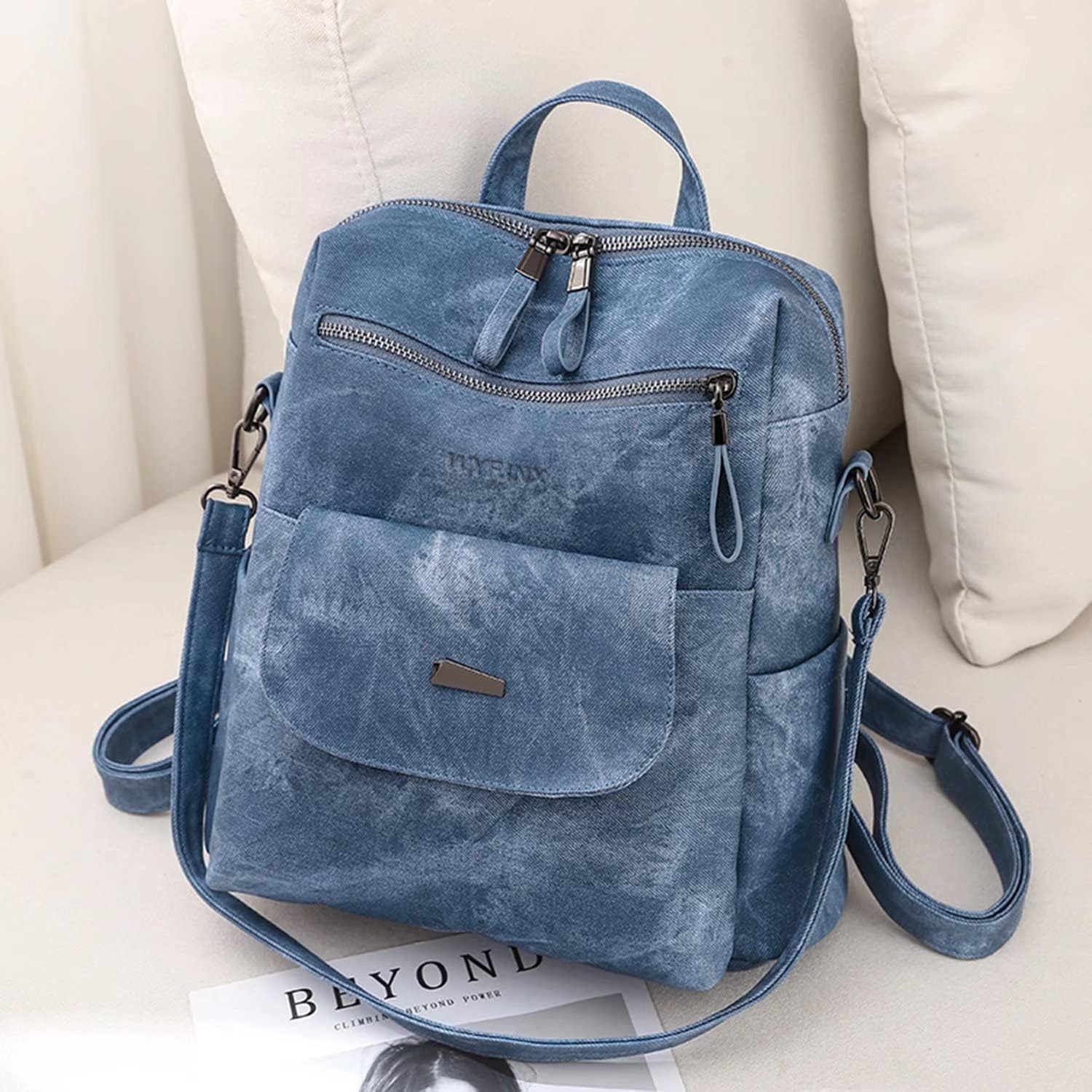 PU Leather Backpack Purse for Women Fashion Multipurpose Design Handbag Ladies Shoulder Bags Travel Backpack Blue - Image 4