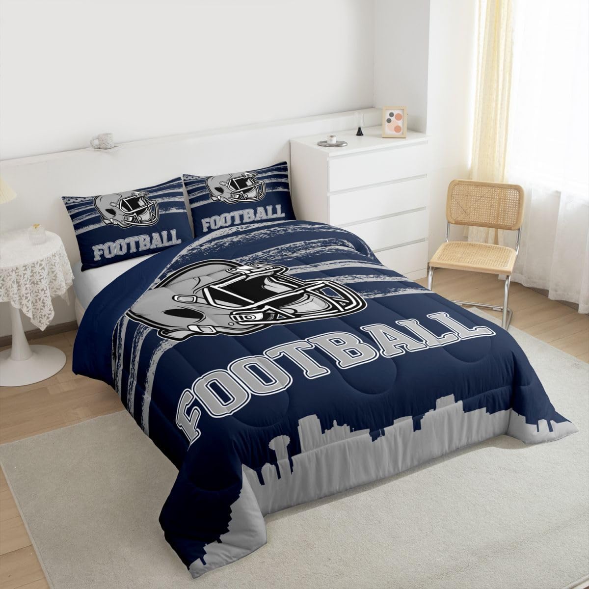 Erosebridal Boys Rugby Sports Decor Comforter Set for Boys Teens Youth Retro Sport Flag Bedding, Navy and Grey Football City Stripes USA Flag Duvet Set Queen with 2 Pillowcases