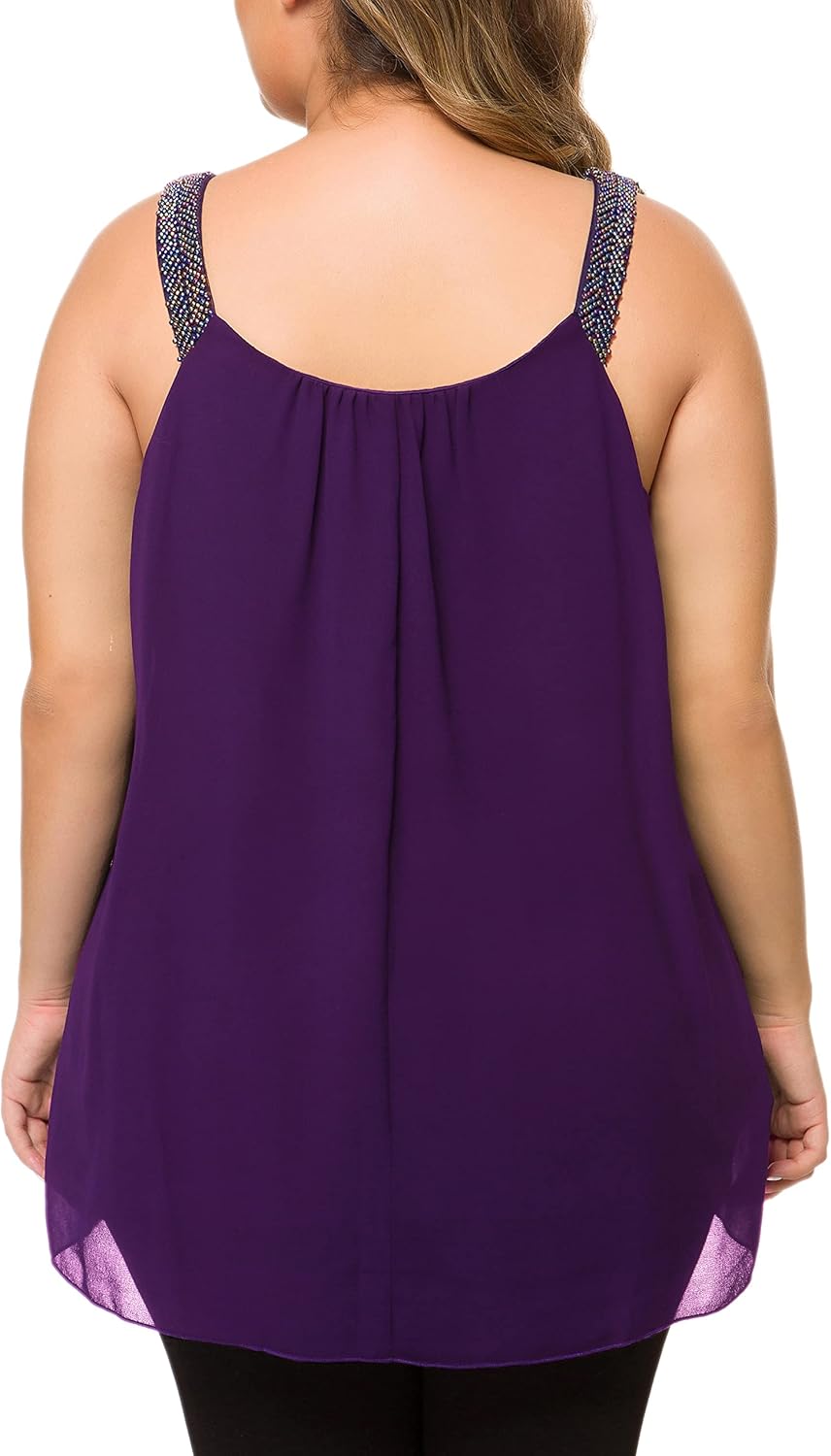 MANER Women's Plus Size Cami Casual Pleated Chiffon Tank Top with Beaded Strap Medium Purple