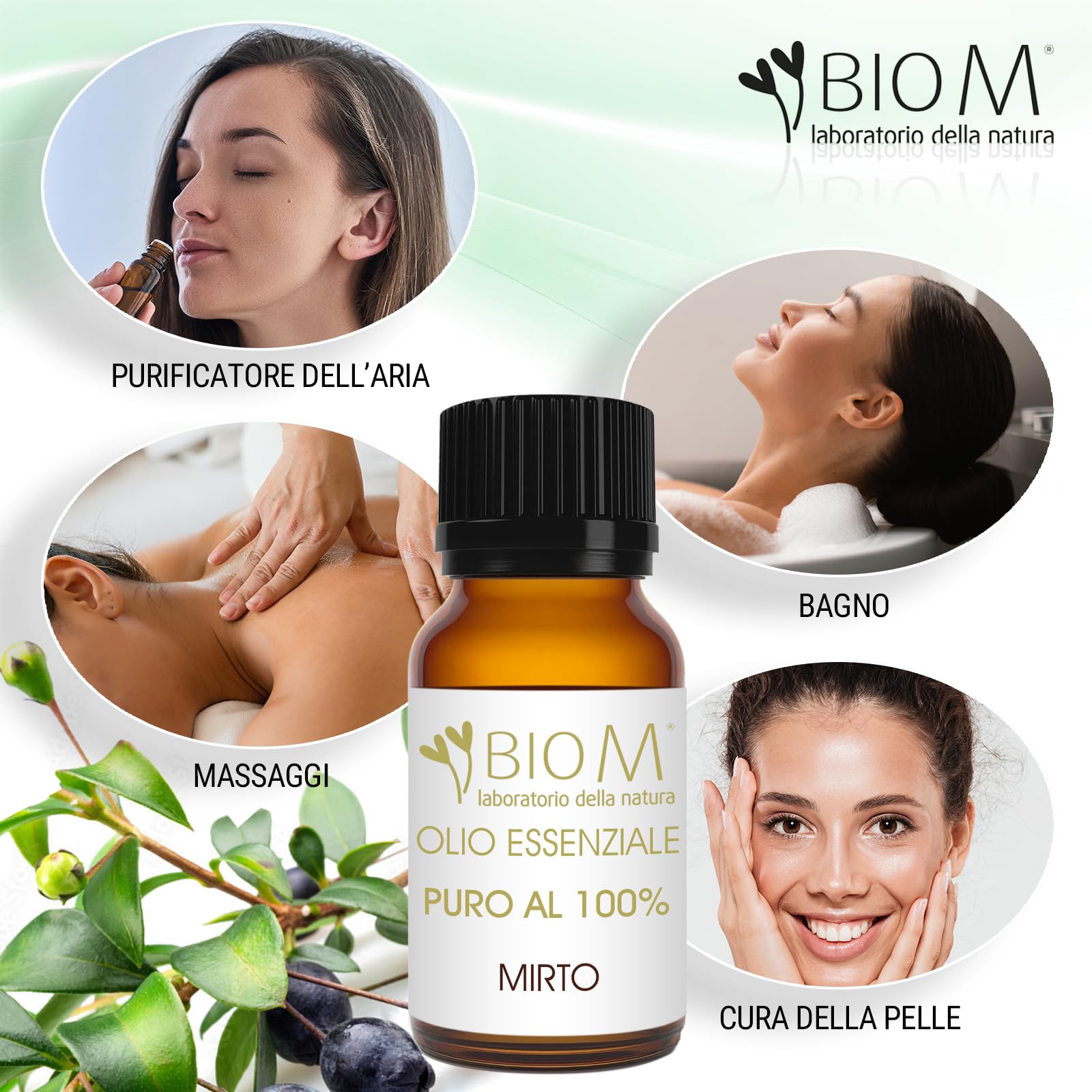 BioM Laboratorio della Natura - Olio Essenziale di MIRTO PURO BIO -10ml -100% NATURALE- 100% ITALIANO per Aromaterapia, Diffusori, Uso Alimentare e Massaggi - Dermopurificante e Antibatterico