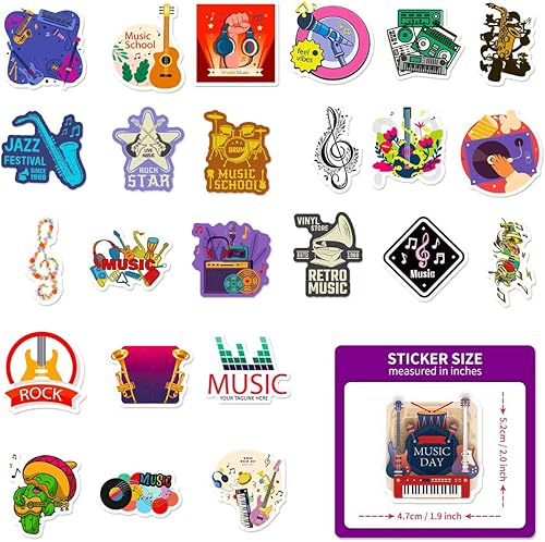 Miniatura 8 de 50 calcomanías de festival de música retro, calcomanías de vinilo impermeables para laptop, guitarra y botella de agua, diseños de bandainstrumento