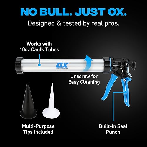 Miniatura 5 de OX Pistola de calafateo profesional para salchichas - Pistola de calafateo de alta resistencia con relación de empuje 24:1 para materiales de alta