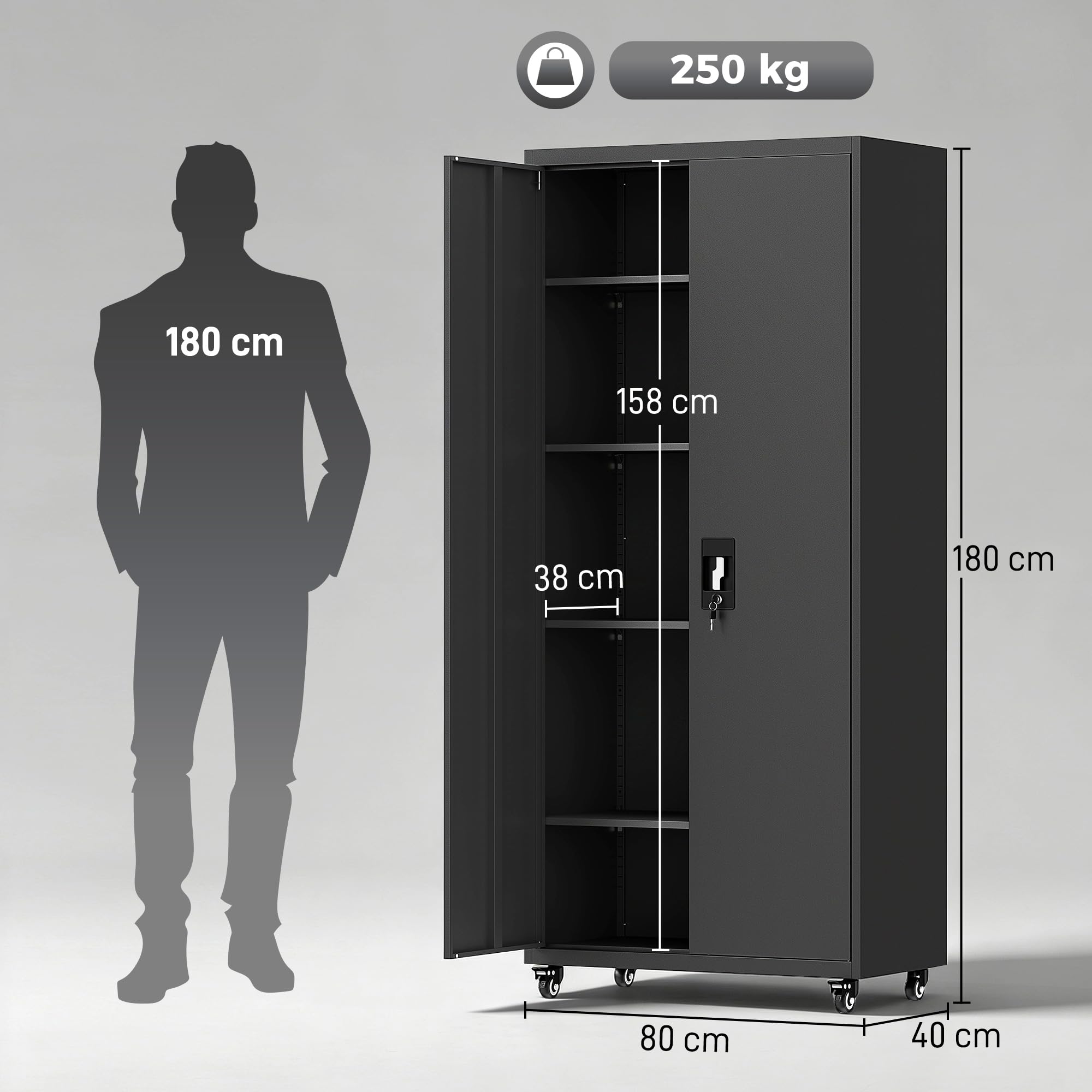HOMCOM Metalowa szafa narzędziowa 180 cm, zamykana na klucz, stalowa, z demontowanymi kółkami i regulowanymi półkami, czarna