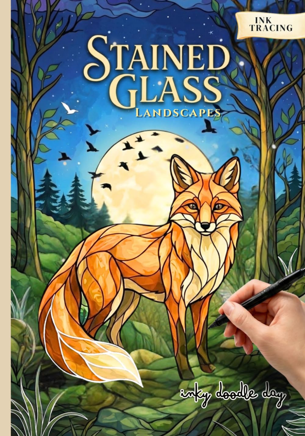 Inky Doodle Day: Stained Glass Landscapes - Ink Tracing Cute and Easy Relaxing Coloring Book: Stress Relief for Seniors with Dreamy Escape Landscapes, Comforting Shapes, Zen Doodles and Comfy Cozy Mosaic Art Patterns for Busy Minds