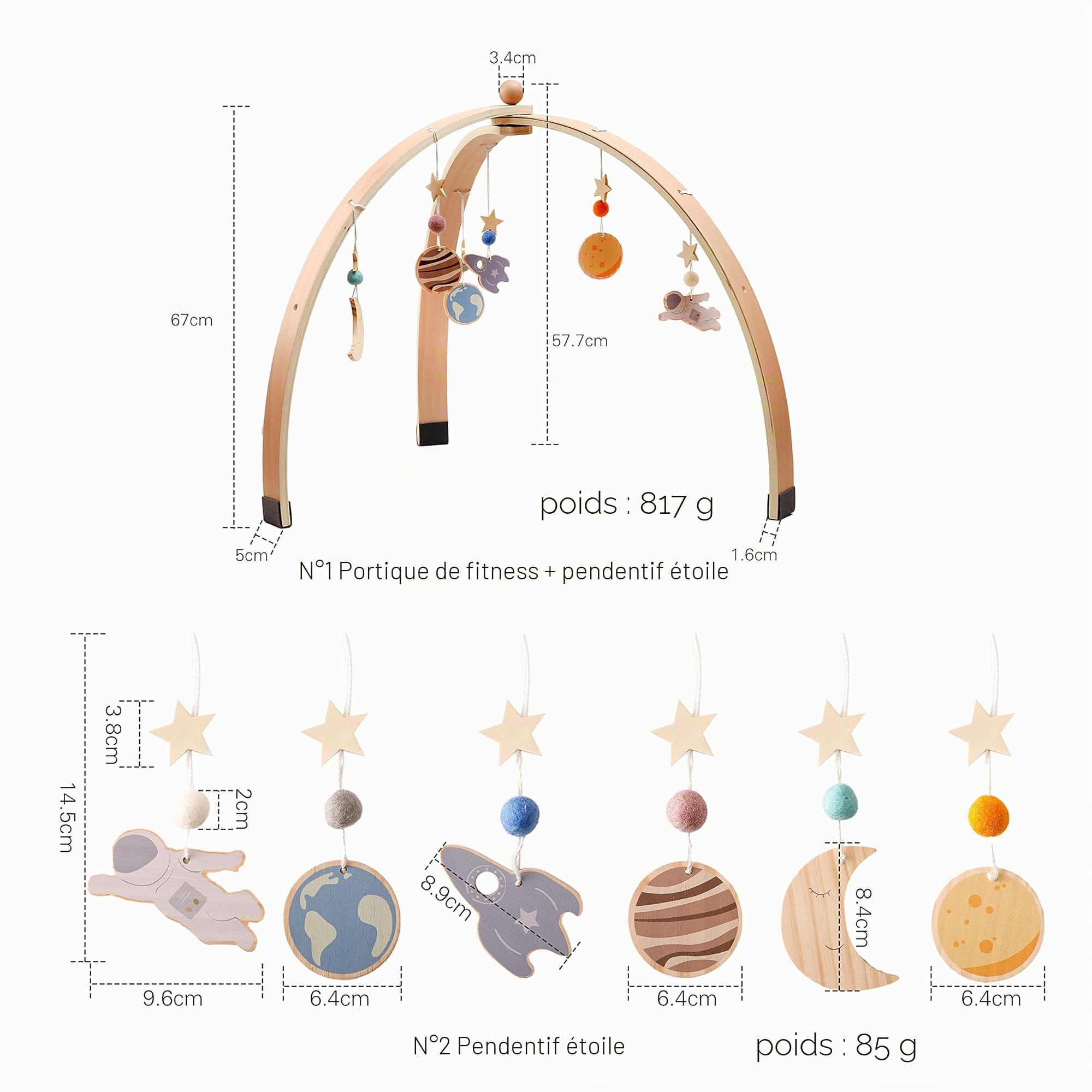 WOODEN TEETHER Arche de jeux pour bébé, en bois, avec 5 jouets sensoriels amovibles, Arche de jeu Montessori pliable en bois, décoration pour chambre de bébé, chambre d'enfant (Triangle Log Couleur)