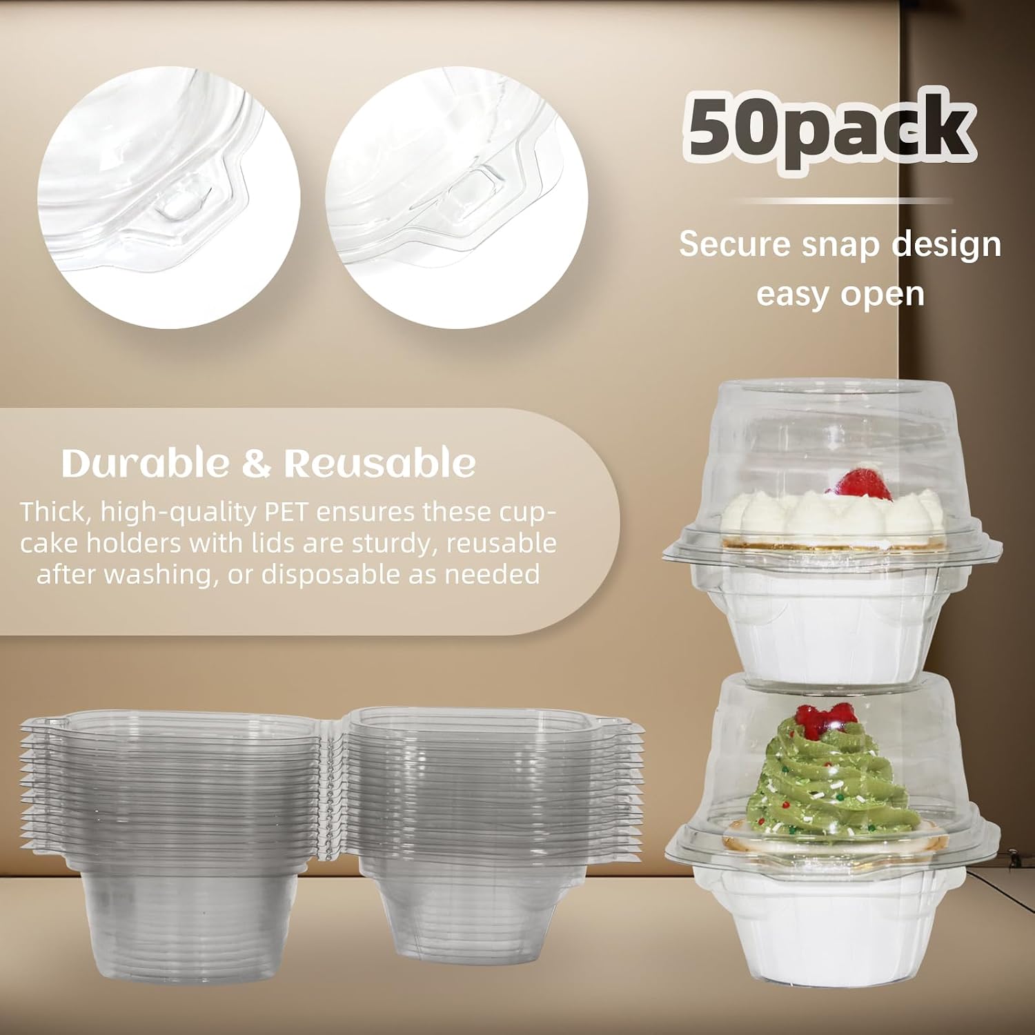 WIKDAY Individual Cupcake Containers, Clear Plastic, 50 Pcs