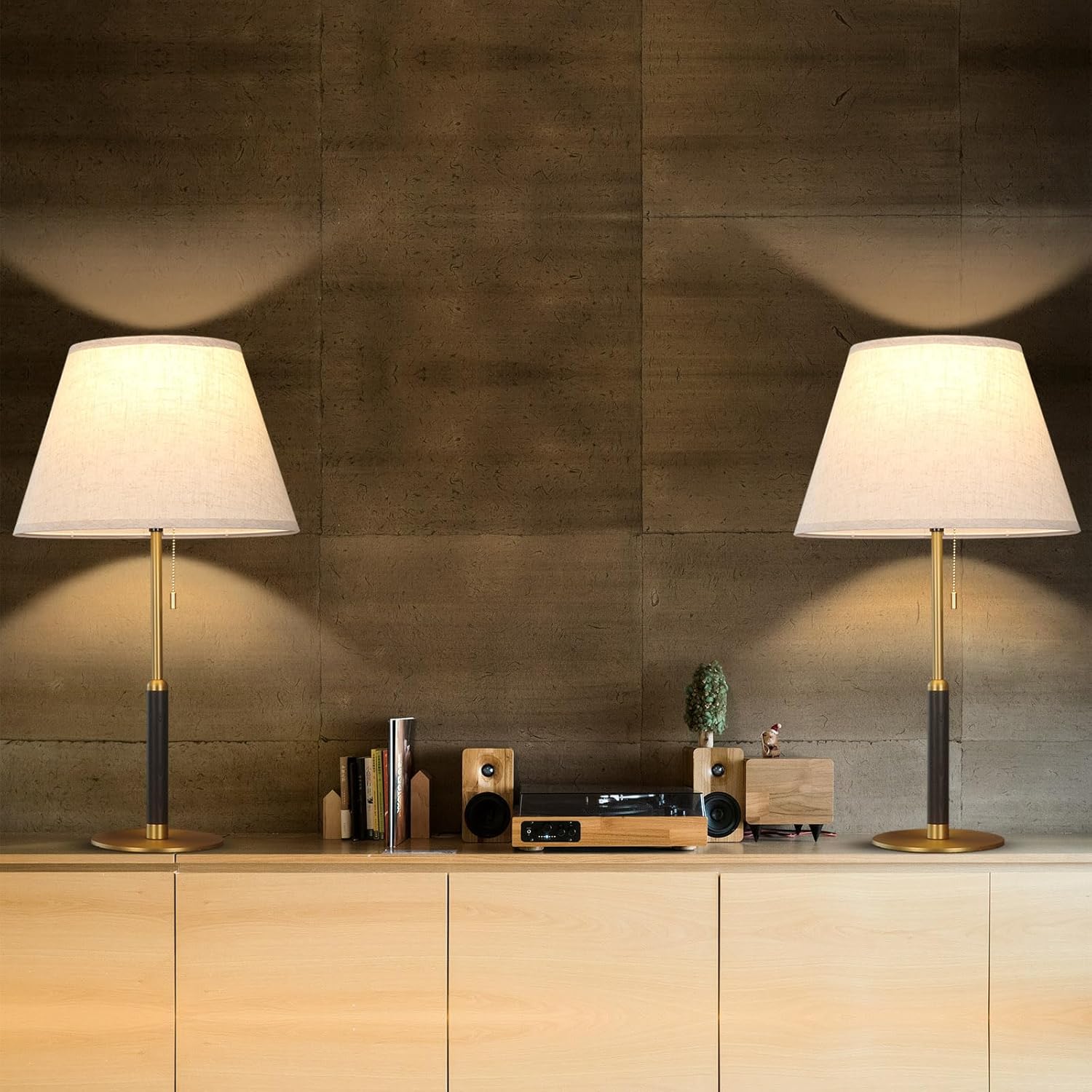 26.4" Set of 2 Mid Century Living Room Modern Table Lamp with Pull Chain, Bedside Lamps for Bedroom 3-Color Light, Wood/Metal/Fabric Nightstand Lamp for Home/Office/Desk (Light Brown+Brass)