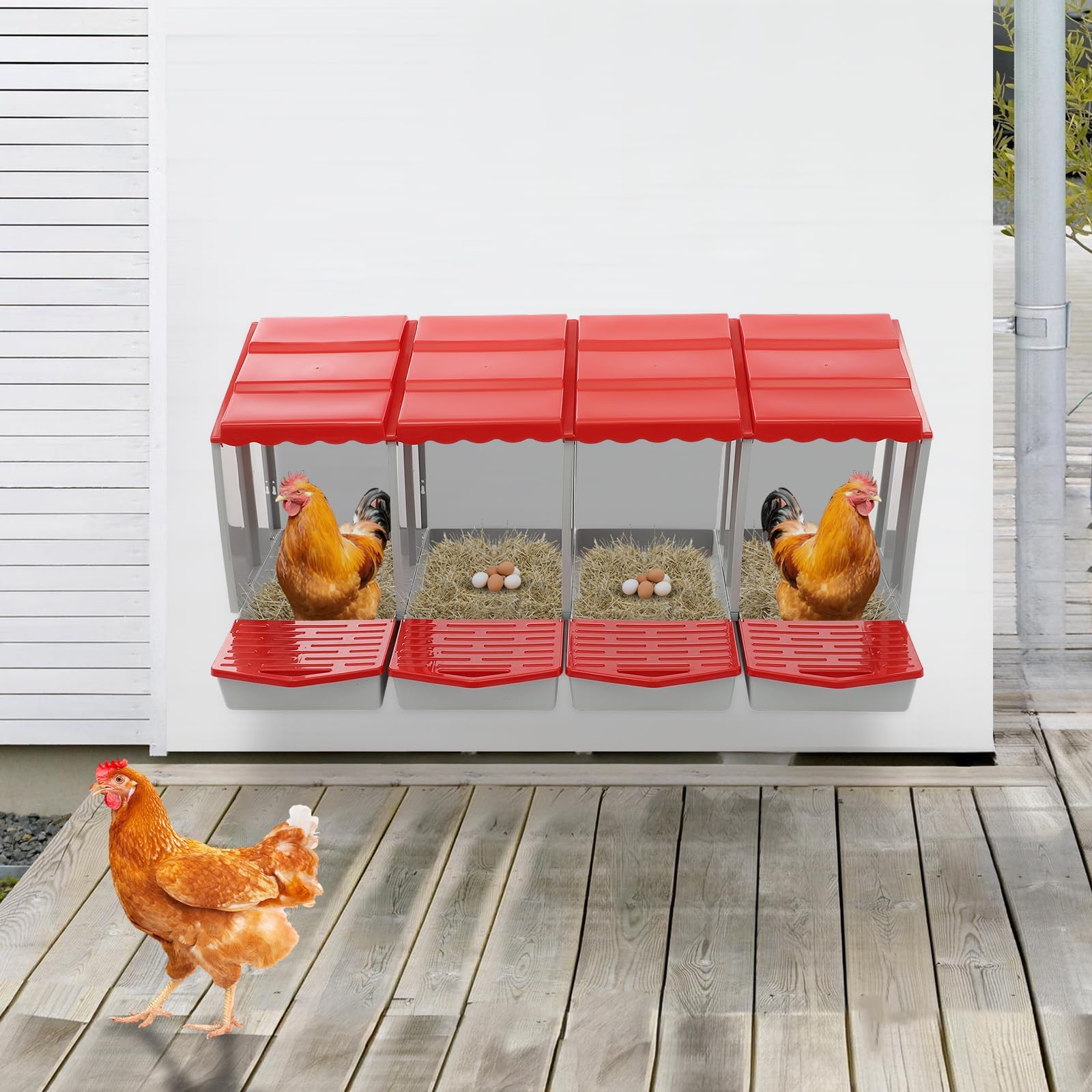 Nido per galline ovaiole 4 scomparti in plastica, pollaio per galline da esterno con tetto spiovente, raccolta uova facile, pollaio per 4-6 galline, montaggio a parete o da terra