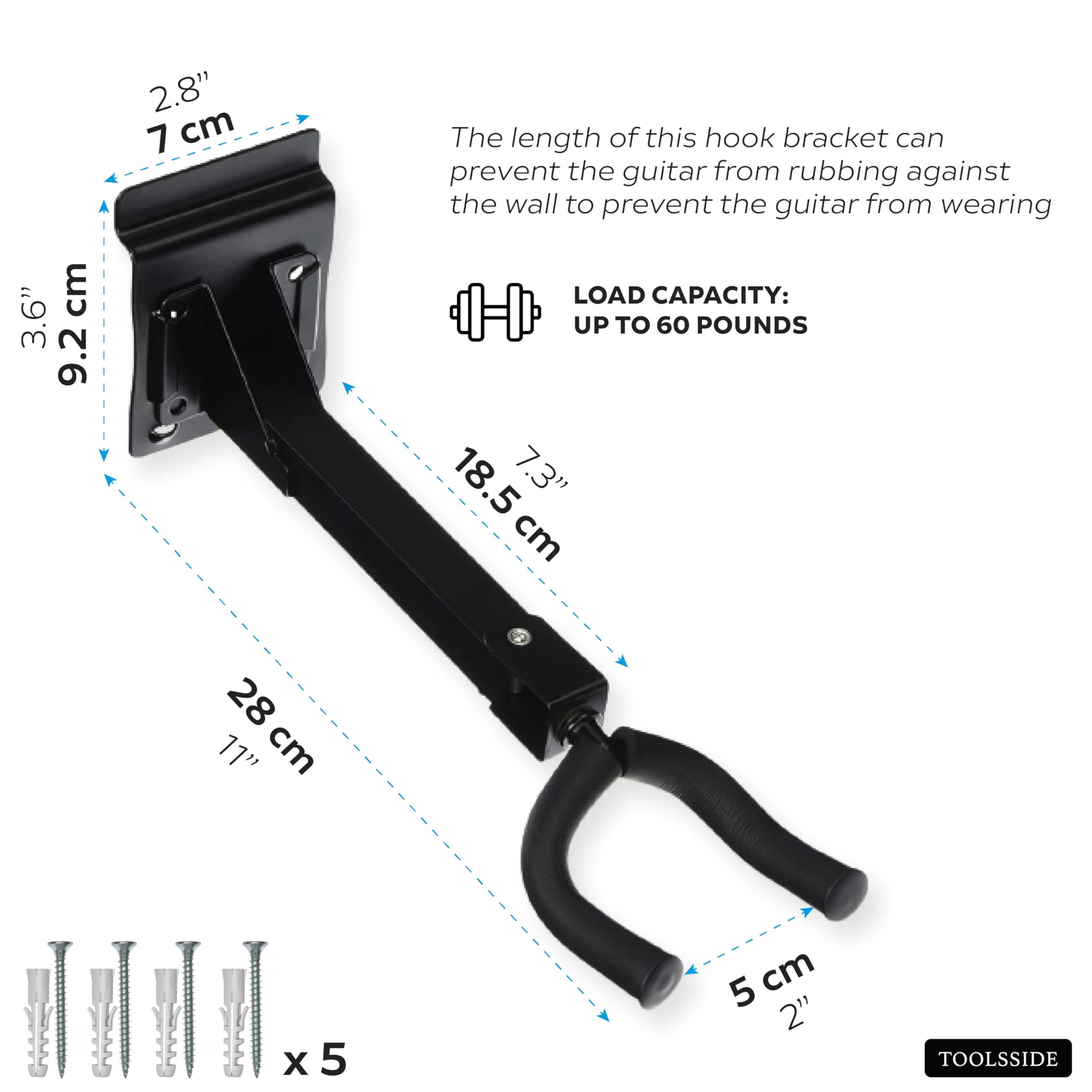 TOOLSSIDE 5 ganchos de pared para guitarra, soporte de pared 180, ganchos de guitarra para pared ajustables con adaptador de listones, soporte de pared para guitarra eléctrica acústica y bajo