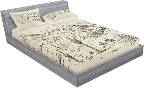 Miniatura 46 de Ambesonne Juego de sábanas bajeras y fundas de almohada occidentales, sombrero de vaquero con temática del salvaje oeste y cuerda de ganadería vieja