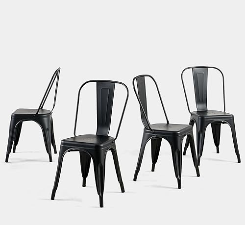 Juego de 4 sillas de comedor de metal, apilables, industriales, para cocina, cafetería, bistró, uso en interiores y exteriores, color negro