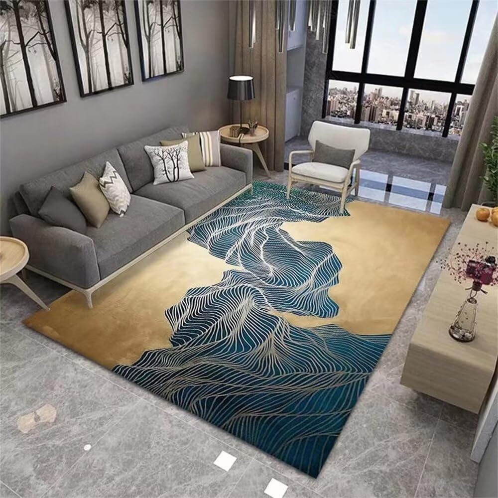 Grand tapis d'entrée couloir 100x160cm bleu à rayures jaunes pour salon