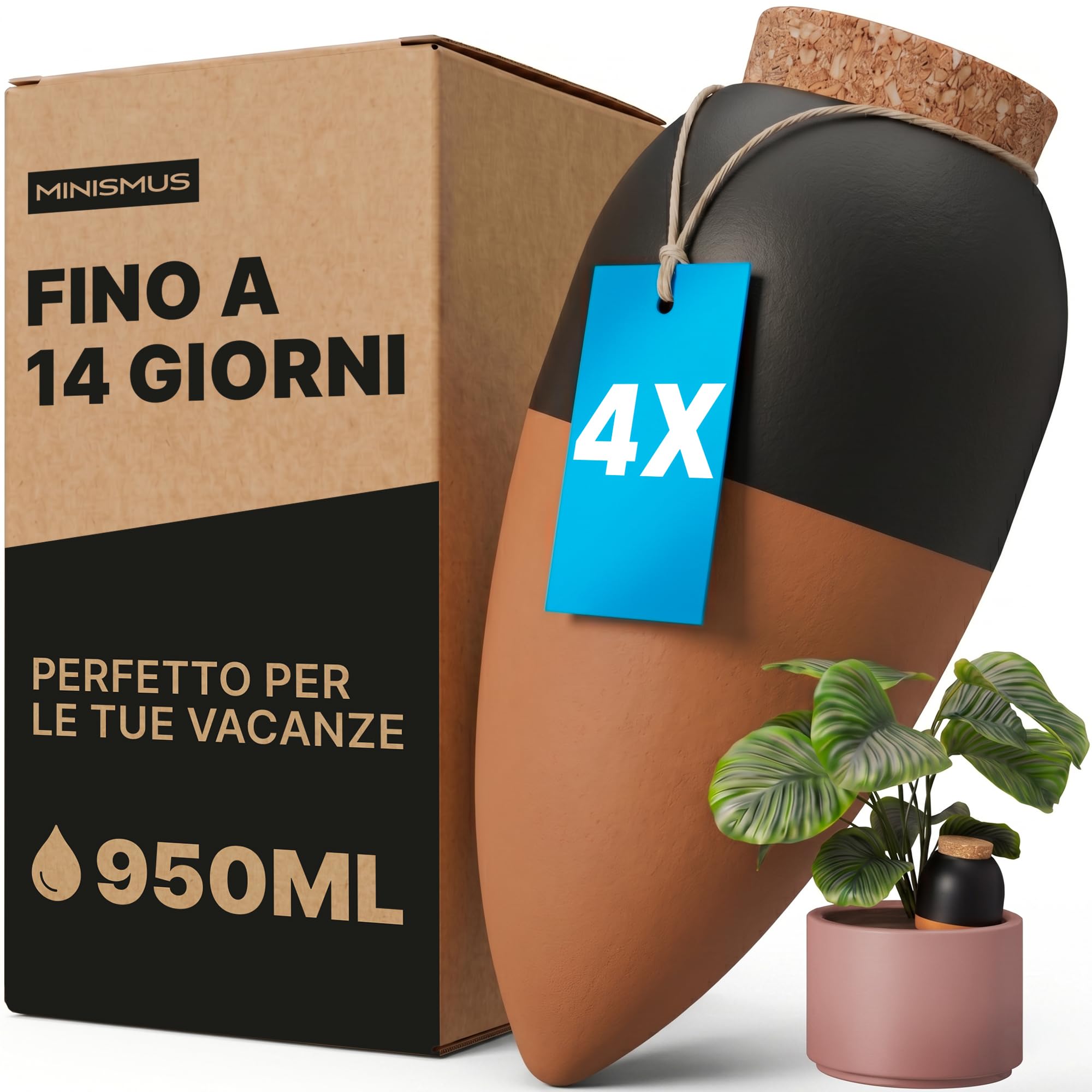 MINISMUS Dosatore Acqua per Piante, Autoirrigazione Piante Vaso, Irrigatori per Vasi Terracotta, Coni Irrigazione, Dispenser Acqua, Riserva Annaffiatura, 950ml 4 Pezzo