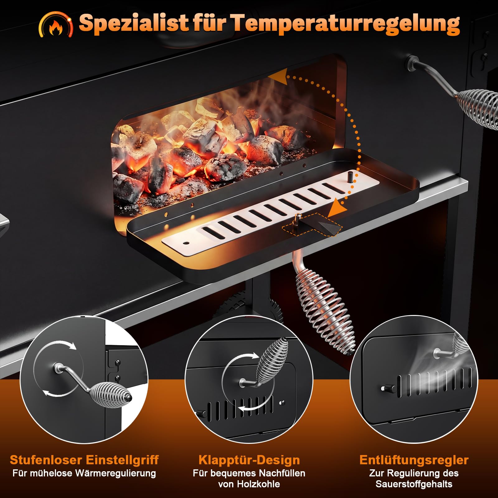 DEVOKO Parrilla de carbón XXL, barbacoas de carbón con tapa, barbacoa grande para balcón, jardín, exterior, barbacoa con parrilla de 71 × 43 cm/termómetro/pinzas para pescado/bandeja para barbacoa