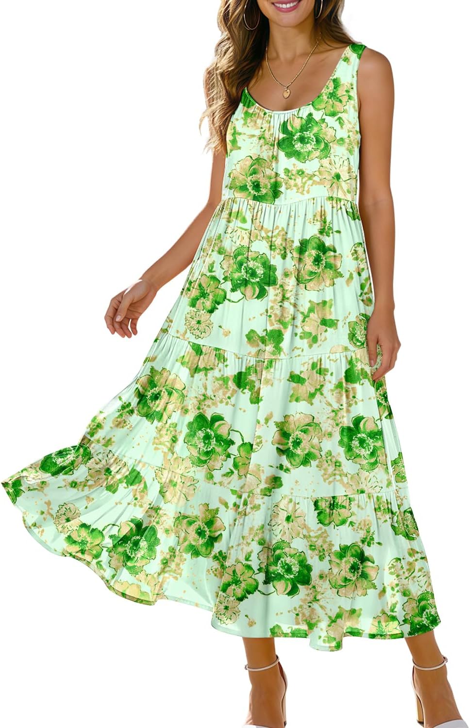 YESNO Women's Summer Cotton Dress Flowy Boho Floral Print Midi Sundress Casual Beach Dress with Pockets 2026 Fashion EVE