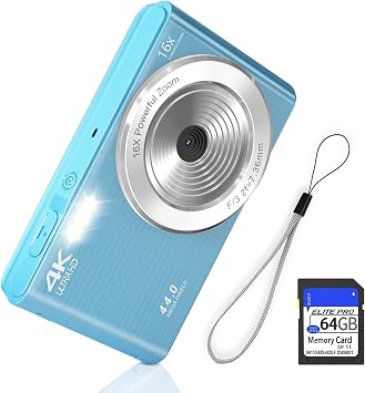 Digital Camera, FHD 4K 44MP Digital Camera for Teens Video Camera with 64GB SD Card 16X Digital Zoom, Compact Point and Shoot Camera Portable for Kids Boys Girls Teens Students Seniors Blue