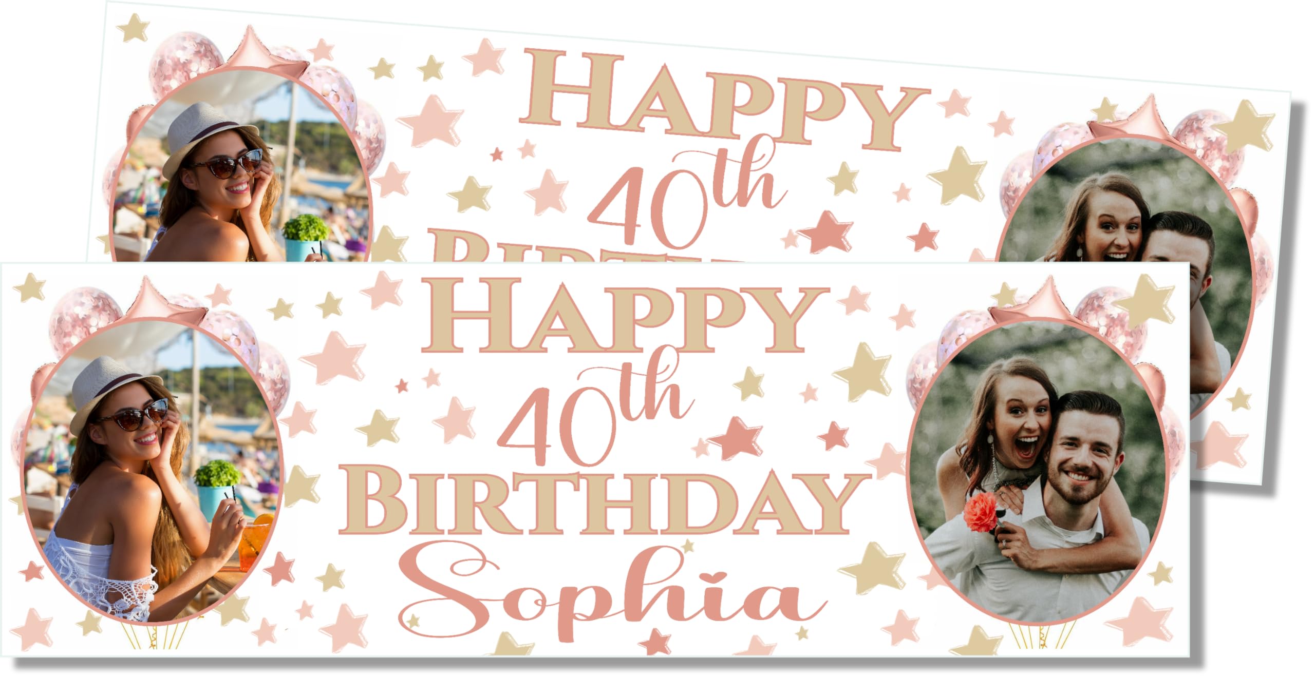 2 x 6FT Large Happy Birthday Banner - Personalised Photo Banners for 10th, 11th, 12th, 13th, 16th, 18th, 21st, 30th, 40th, 50th, 60th, 70th, 80th - Rose Gold Decorations for Her and Him