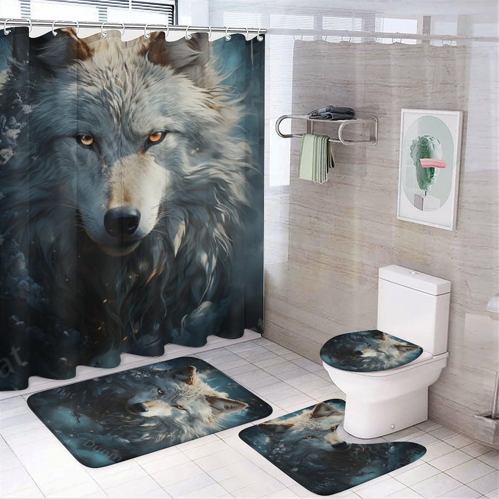 DEBAOKA 4Pcs Abstract Wolf Bathroom Sets with Shower Curtain Rugs Mats Accessory Fantasy White Nature Animal Bathroom Decorations Sets with Non Slip Rugs Toilet Lid Cover Bath Mat