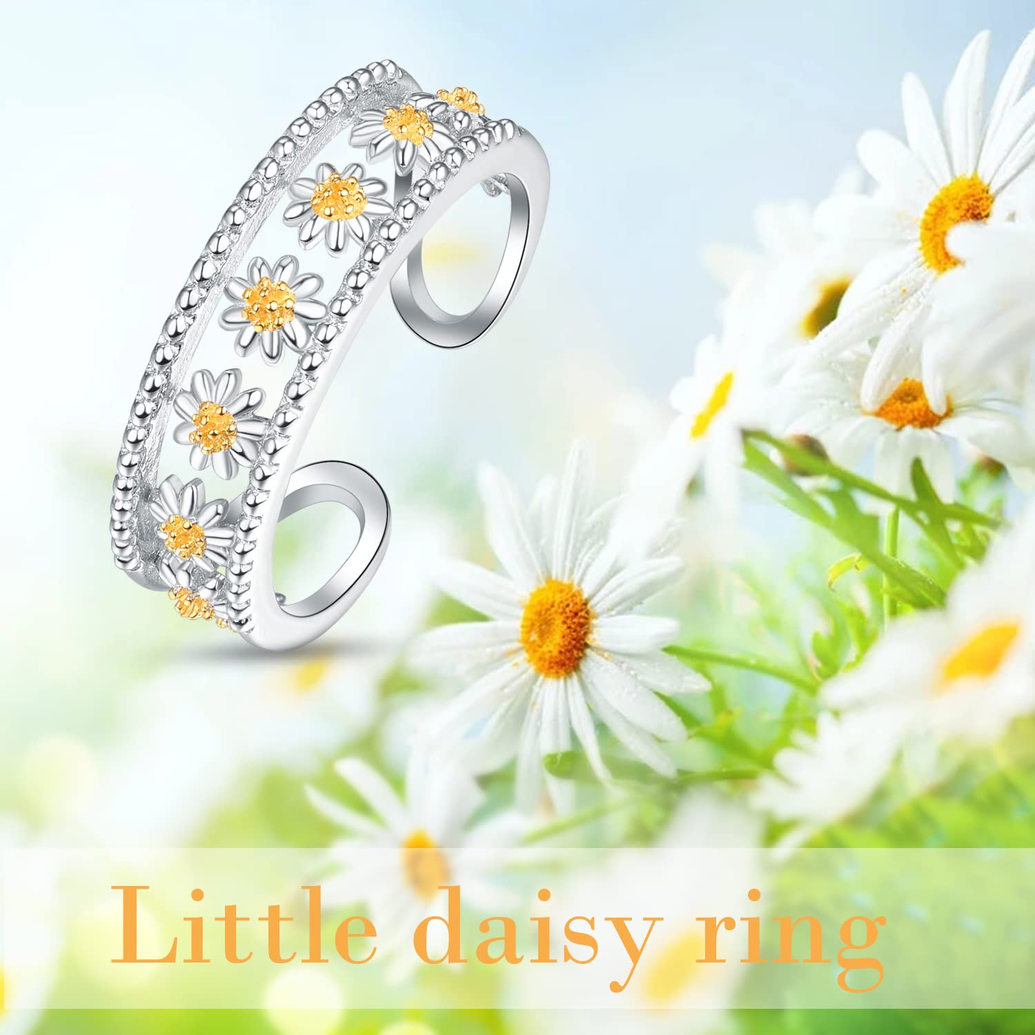 KINGWHYTE Daisy Rings for Women 925 Sterling Silver Adjustable Flower Open Ring Birthday Christmas Jewellery Gifts for Girls