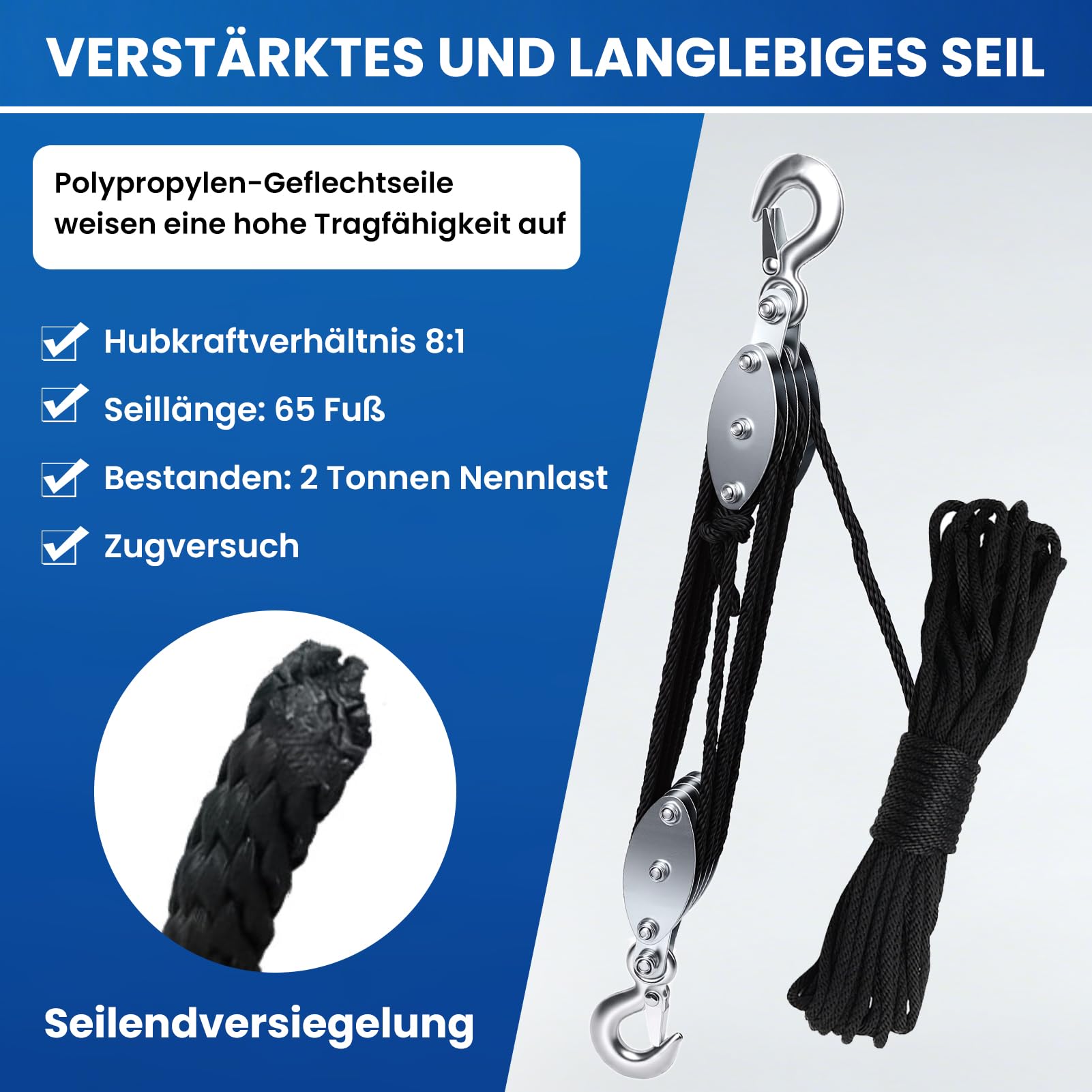 Schwerlast Flaschenzug, Hochleistungs Seilzug mit 8:1 Hubkraftverhältnis, 4400LB Tragkraft, 20m Polypropylen Seilbremse, Manuelle Hubseile Arbeitssparender für Garagen Lagerhallen
