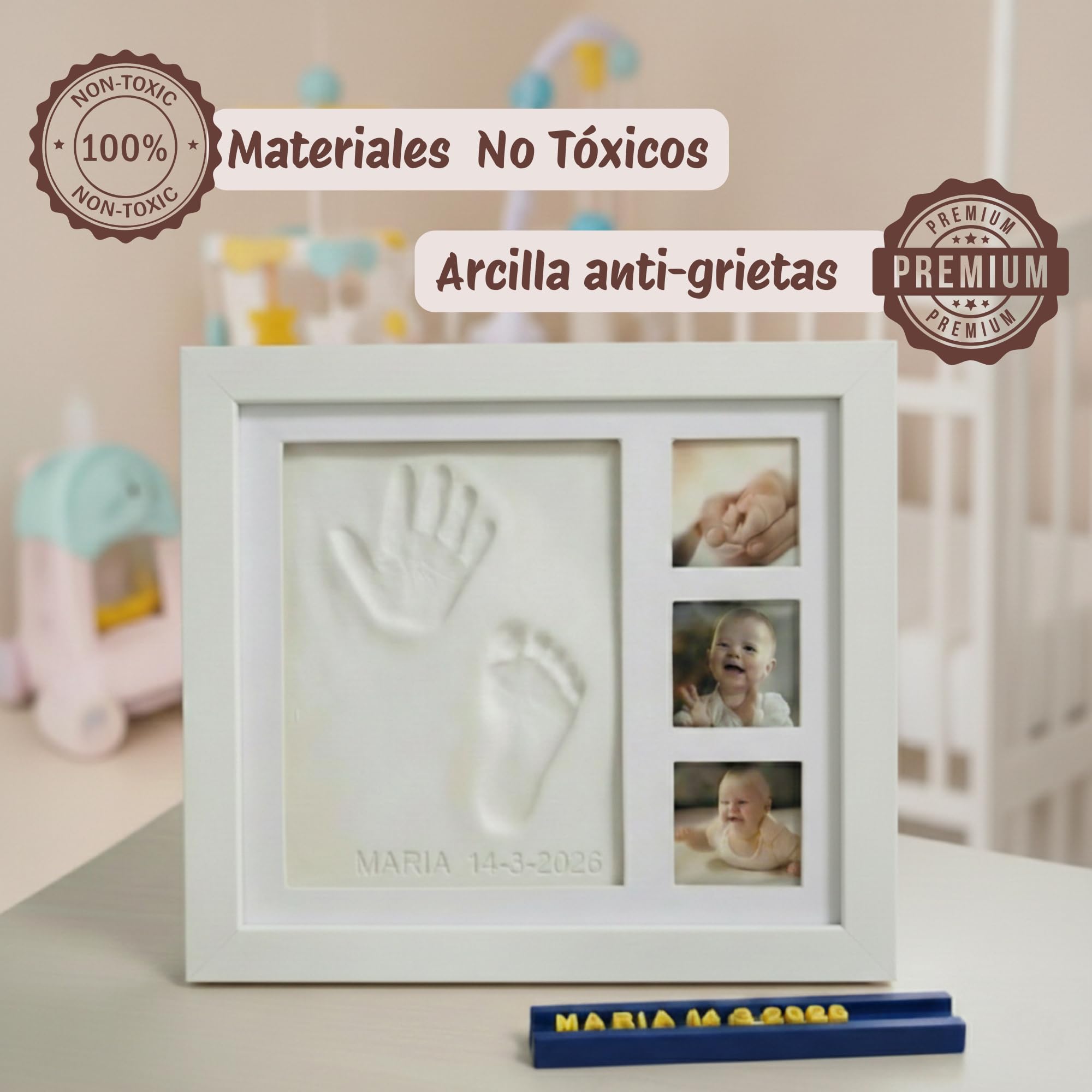 LUMS Marco Huellas Bebé Recién Nacido - Kit de Huella con Arcilla Flexible que No se Agrieta - Madera Blanca de excelente acabado, Regalo Bebé Recién Nacido Original