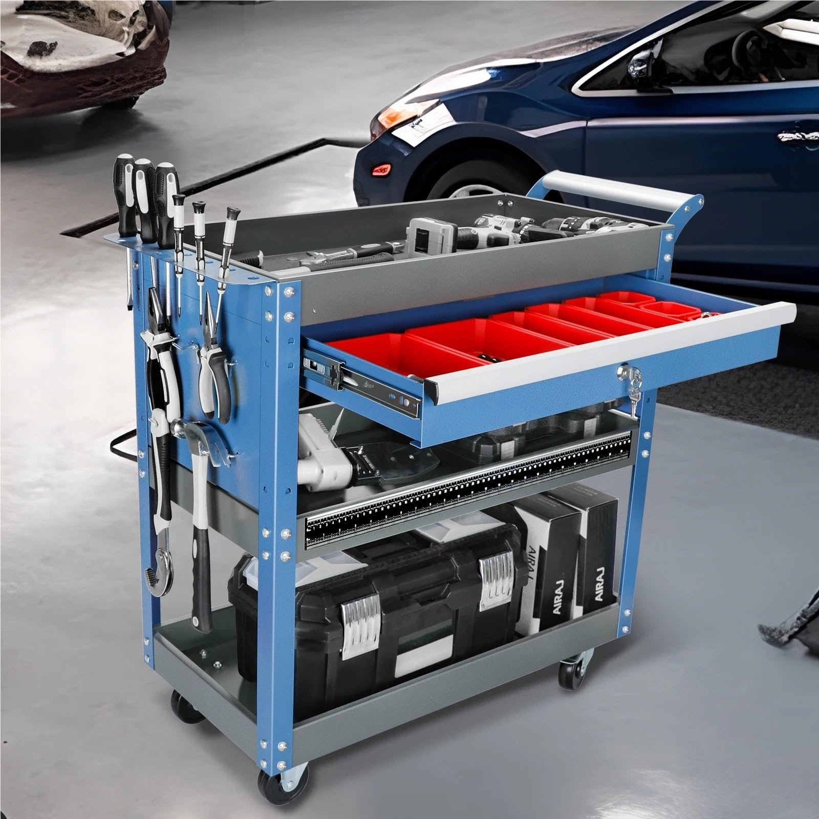 Organizador Herramientas Carro de herramientas con ruedas de 3 niveles, carro de herramientas mecánico con ruedas, carro de almacenamiento de herramientas con capacidad de 440 libras para garaje, alma