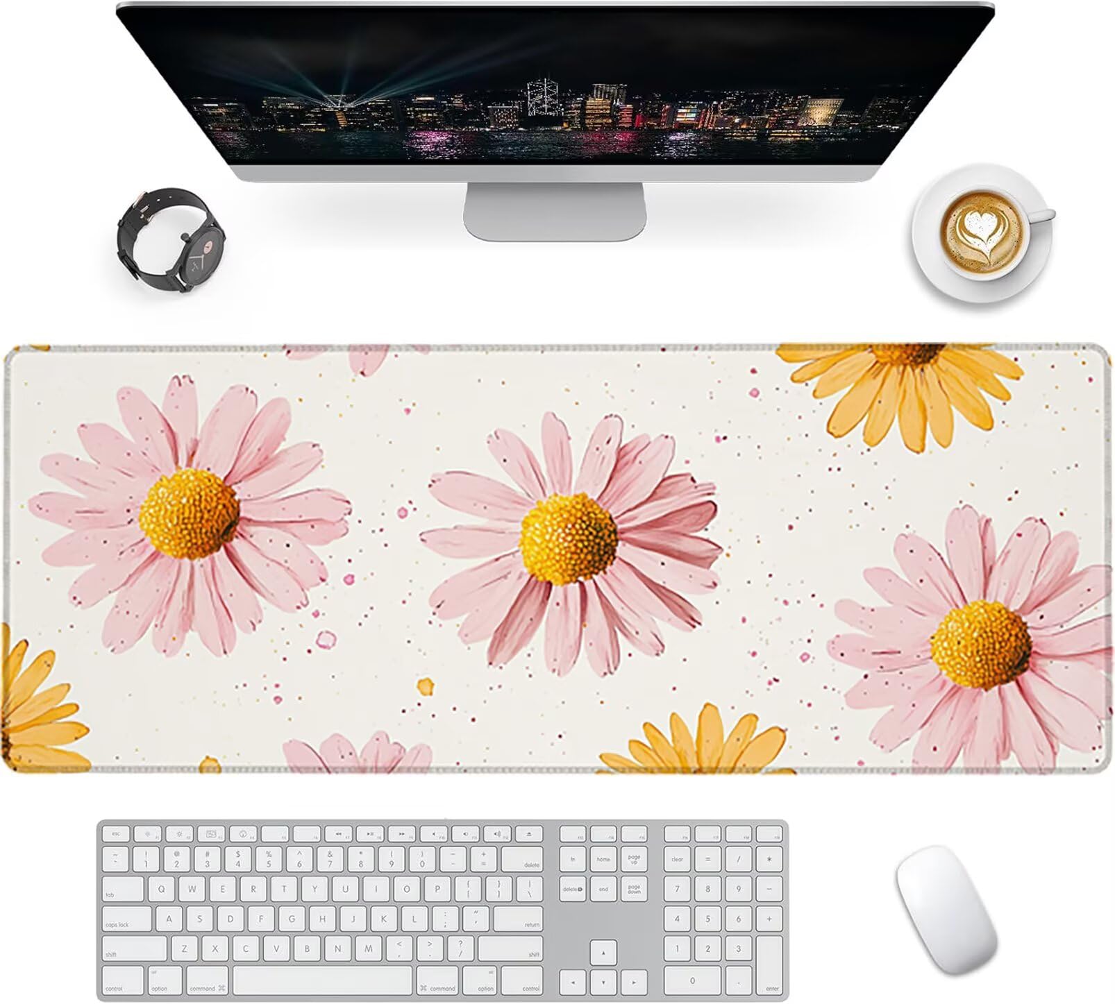 Lpfieonn Blume Schreibtischunterlage XXL, Beige Schreibtischunterlagen Großes, Gaming Mousepad XXL mit ernähter Rand und Rutschfeste Gummibasis, Desk Mat für PC/Laptop/Mausa 120x60cm PF-2386