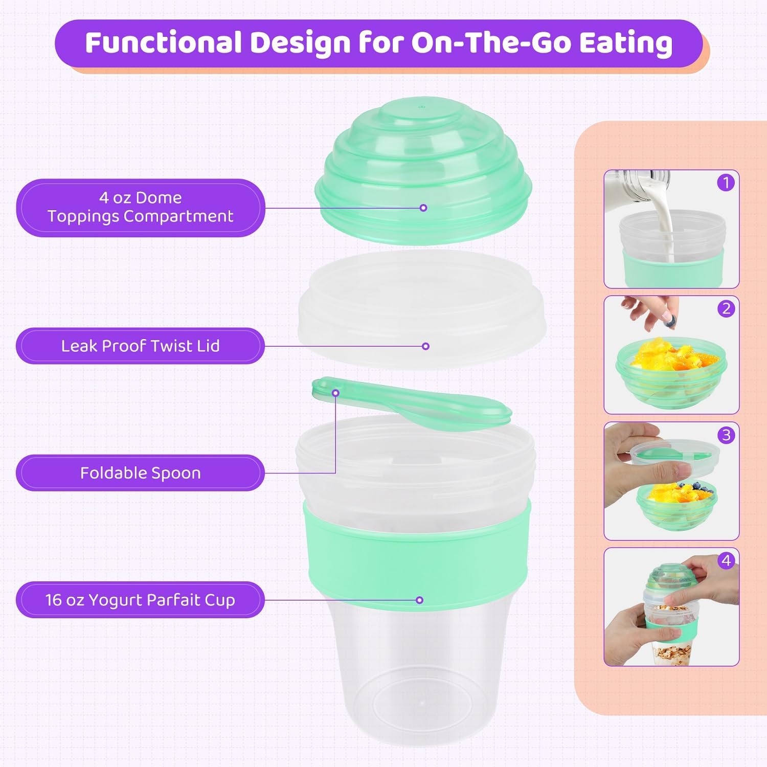 Yogurt Parfait Cups with Lids Reusable - 4 Pack 20 oz Overnight Oats Containers with Lids Folding Spoons Granola Topper, Cereal Salad Jars for Oatmeal Chia Pudding Meal Prep - Image 6