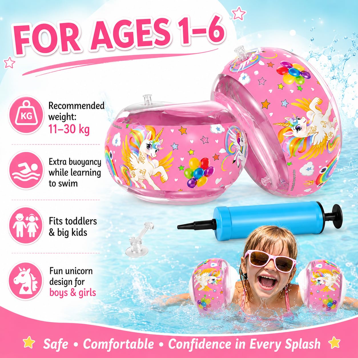 Braccioli Bambini Gonfiabili, 1-6 Anni, con 3 Airbag Indipendenti, per Nuoto Sicuro e Confortevole, Adatti a Bambini da 11 a 30 kg, Perfetti per Piscina e Attività Estive