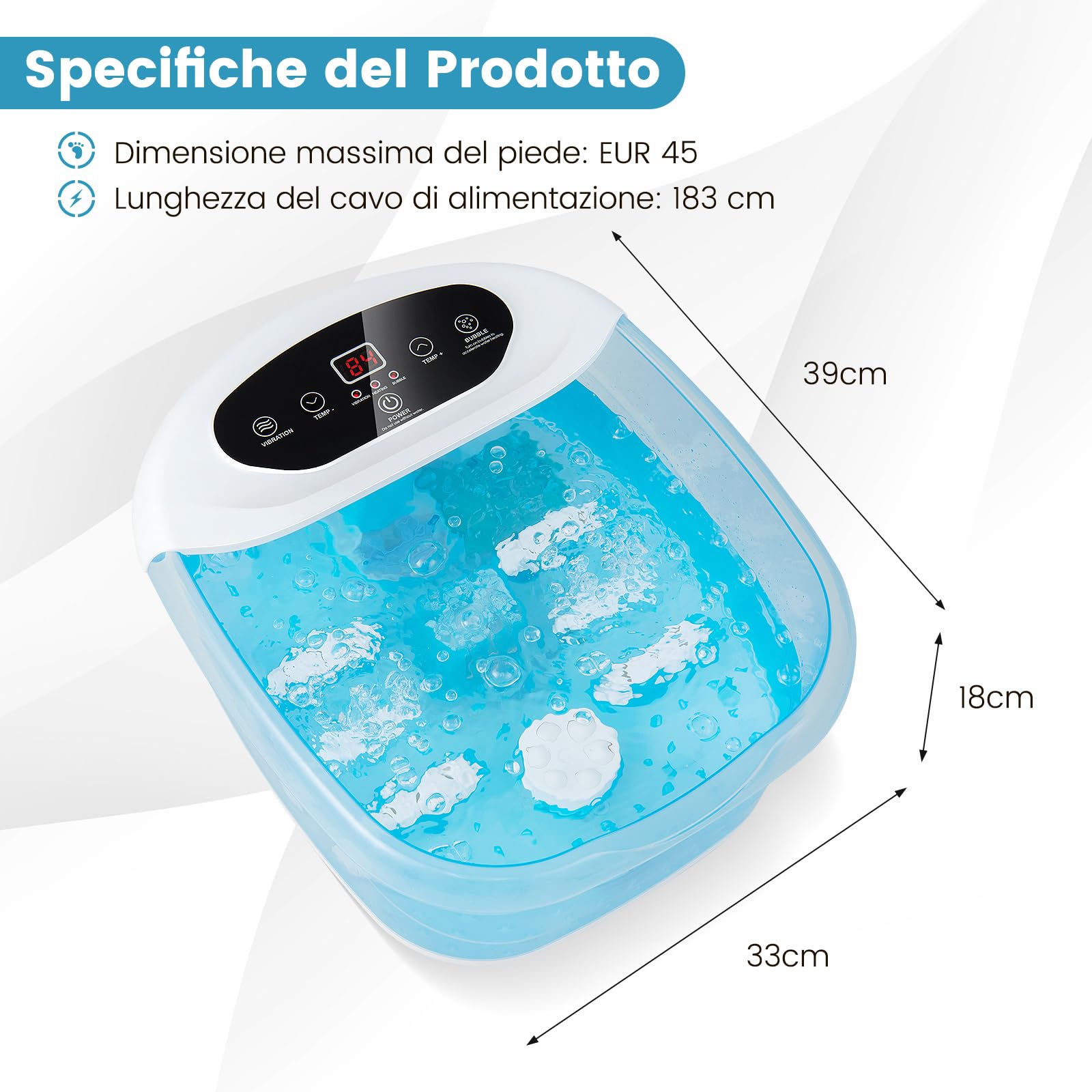 RELAX4LIFE Pediluvio Massaggiatore per Piedi con Rulli Massaggianti, Funzioni Riscaldamento 35℃-46℃, Vibrazioni, Bolle, Pietra Pedicure,Spenimento Automatico 1 Ora,Cavo 183cm,33x39x18cm (BluBlu)