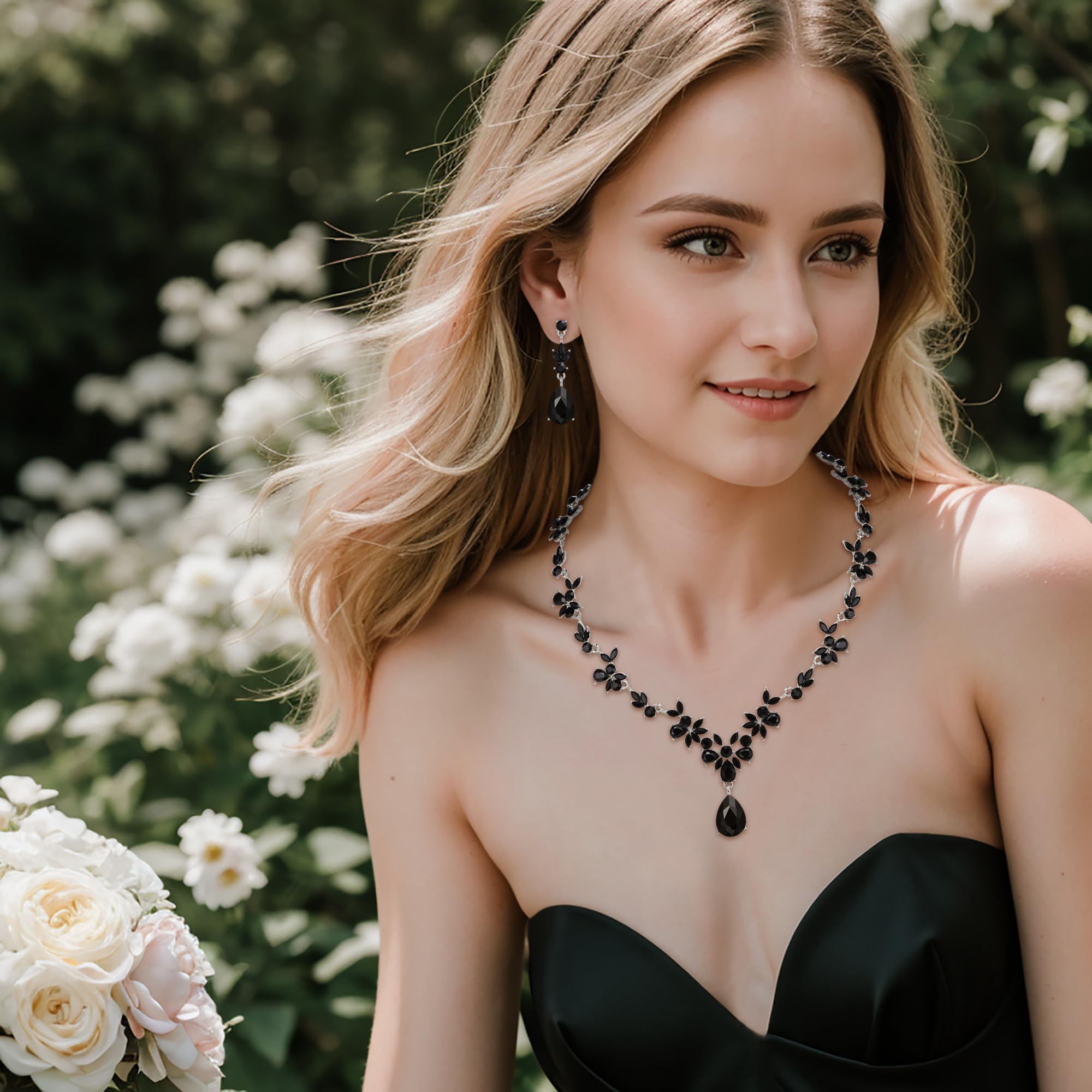 Set di gioielli da sposa per donna, collana a Y, bracciale da tennis e orecchini pendenti, set di cristalli a goccia, marquise cluster gioielli per sposa damigella d'onore blu argento