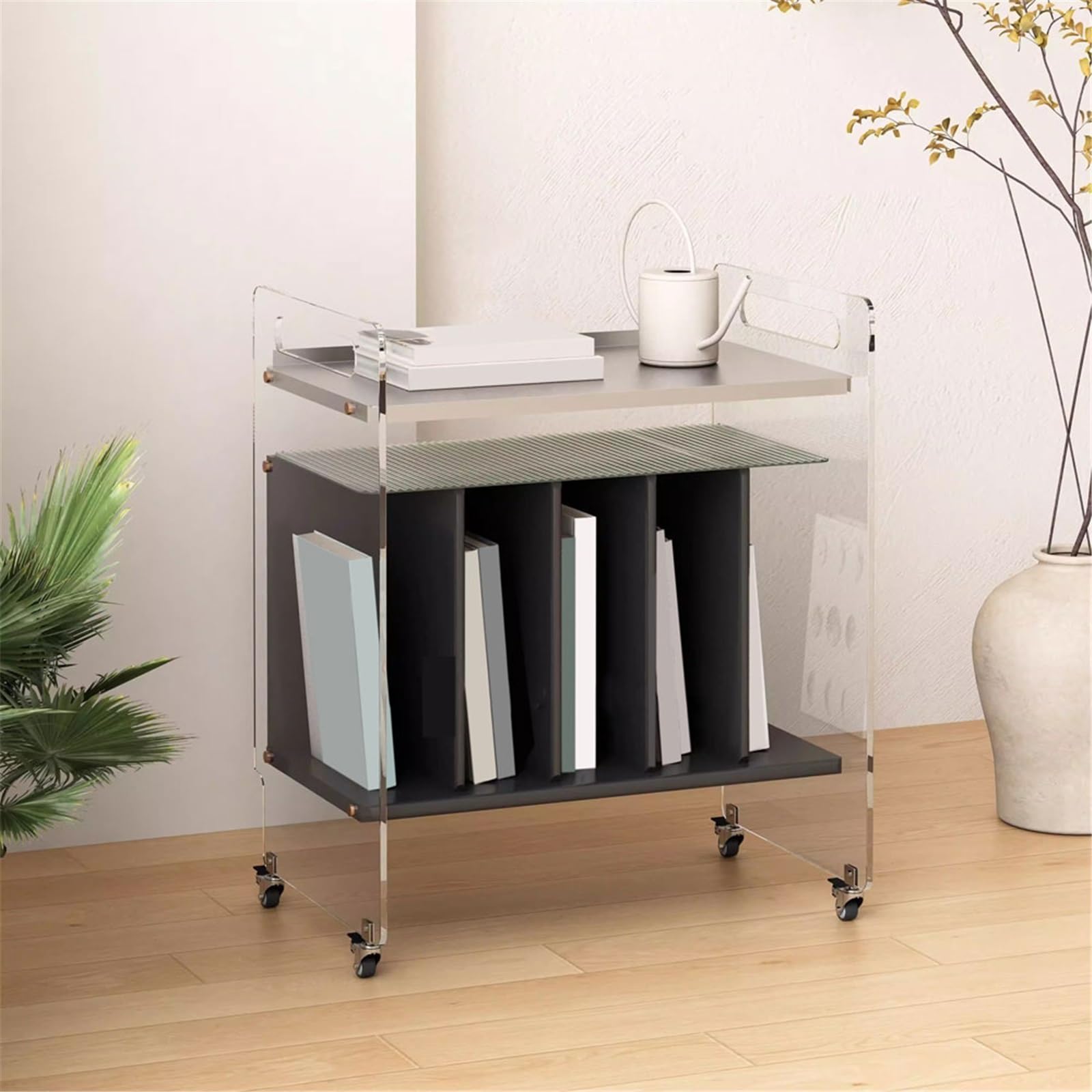 Stockage de CD Meuble de rangement en bois for disques vinyles et CD, avec roulettes supports acrylique Enregistrer