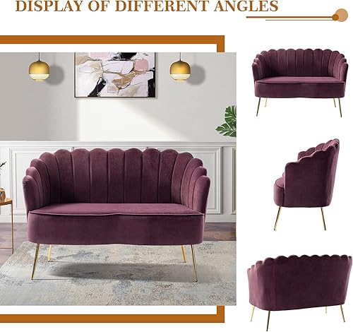 Miniatura 92 de HULALA HOME Moderno sofá biplaza de terciopelo con respaldo en forma de flor, cómodo sofá tapizado de 2 plazas con patas de metal dorado, sofá