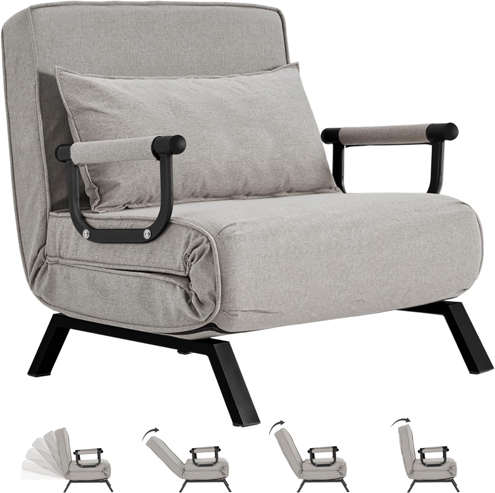 Hupmad Convertible Bed Sleeper Chair,Tri-fold Upholstered Armchair Sleeper with Pillow,Folding Leisure Chaise Lounge Couch,6 Angle Adjustable Backrest Single Lazy Bed for Office (Light Gray, Regular)
