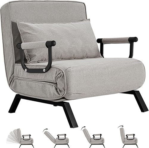 Sillón Cama Convertible, Sillón Tri-plegable Tapizado con Almohada, Sofá Chaise Lounge Plegable de Ocio, Respaldo Ajustable de 6 Ángulos Cama