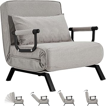 Hupmad Convertible Bed Sleeper Chair,Tri-fold Upholstered Armchair Sleeper with Pillow,Folding Leisure Chaise Lounge Couch,6 Angle Adjustable Backrest Single Lazy Bed for Office Light Gray, Regular