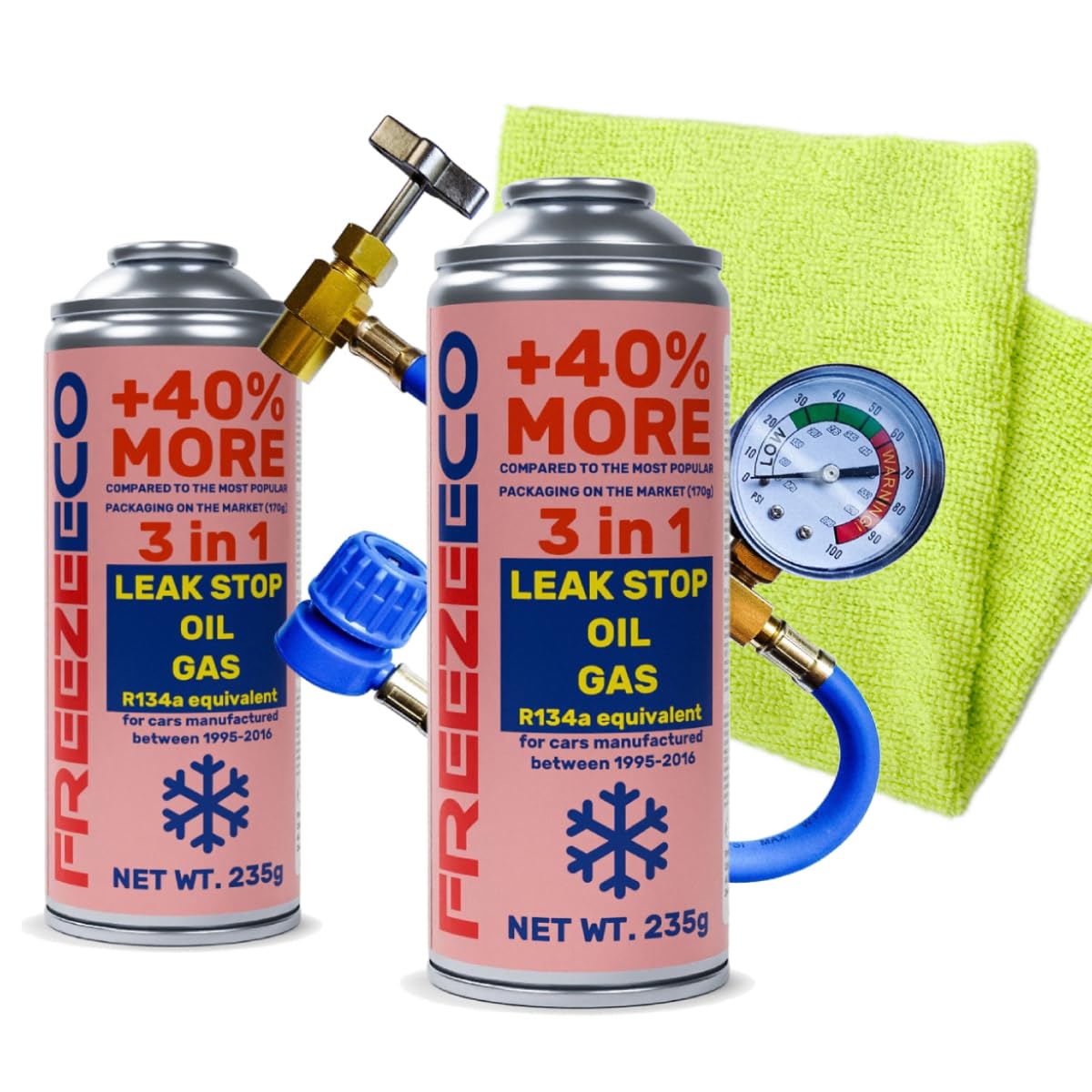 2x R134a 3-in-1 Gas refrigerante di ricambio per aria condizionata con olio e sigillante + tubo flessibile + panno