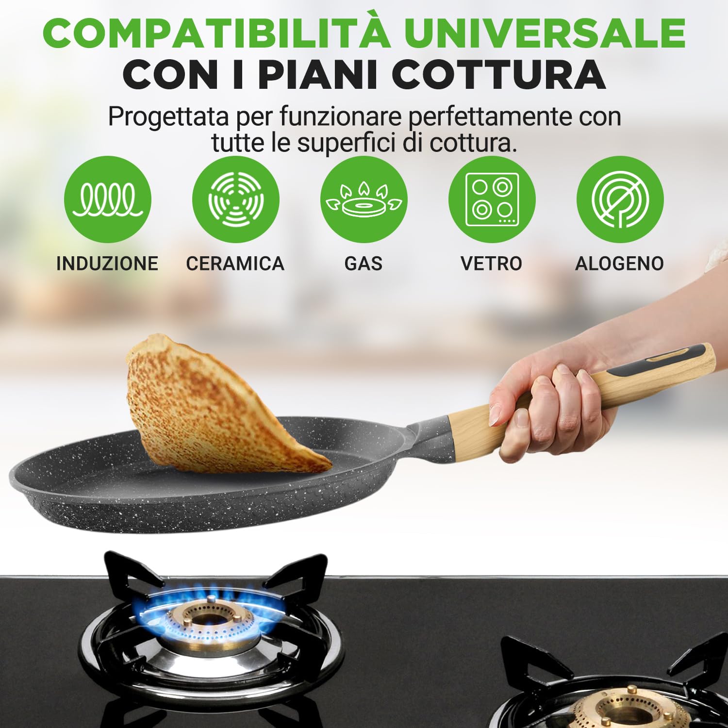 NutriChef Padella per Crepes, Crepiera Antiaderente 28 cm con Spatola in Legno, Rivestimento Marmo, Manico Ergonomico, Fondo Induzione, Ideale anche per Pancake, Bacon e Uova