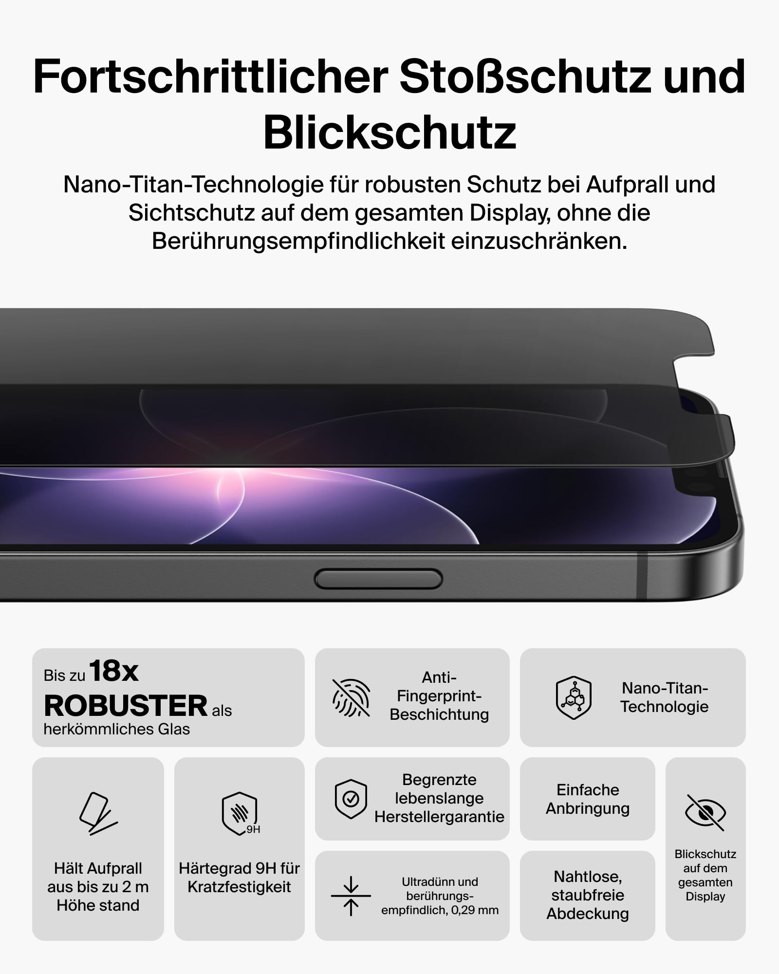 Belkin Titan SmartShield Sichtschutz für iPhone 17e, Kratzfester Stoßschutz, Anti-Fingerprint, Geeignet für Hüllen, Ultradünne Schutzglas mit Positionierungsschale zur Anbringung