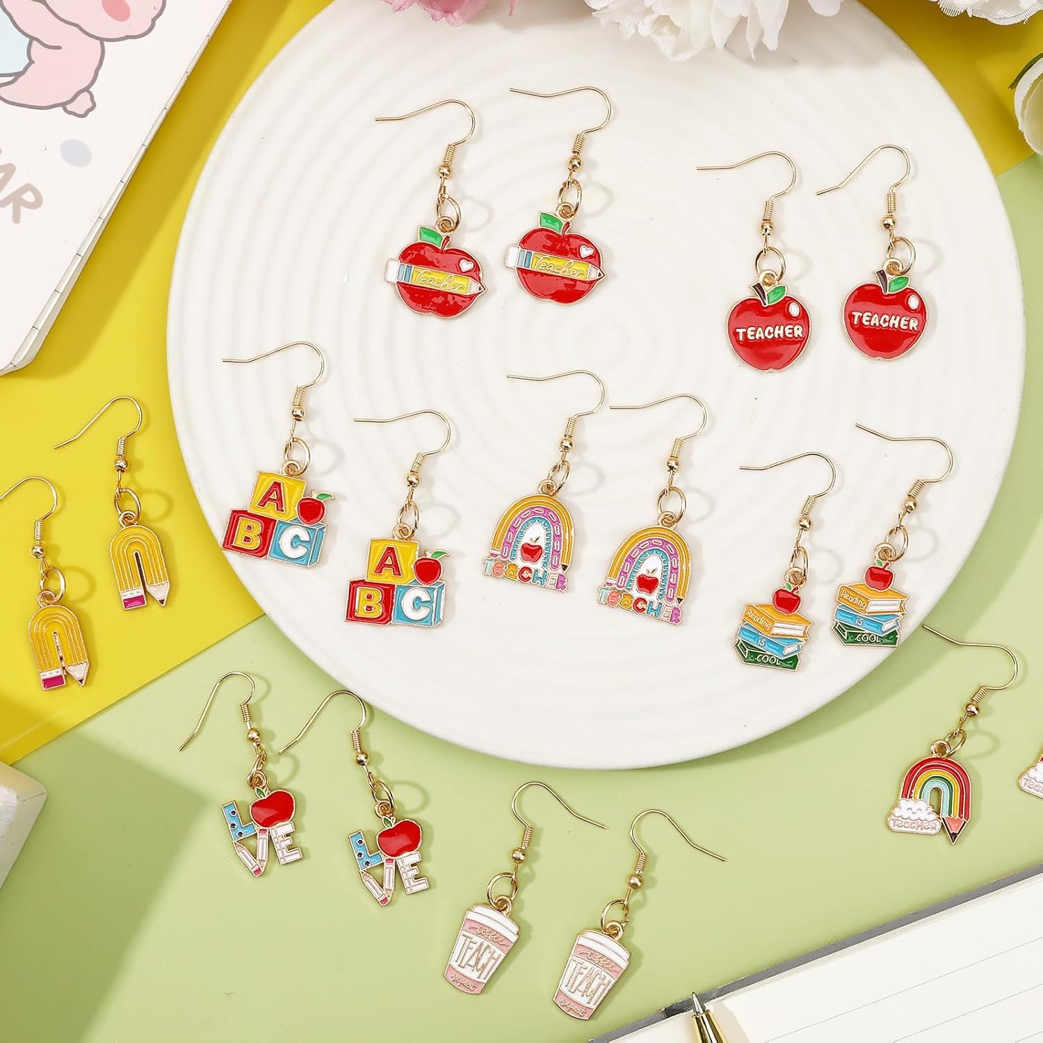 9 Pairs Teacher Earrings for Women Rainbow Pencil Book Dangle Earrings for Graduation Teacher Appreciation Gift Back to School Jewelry - Image 6