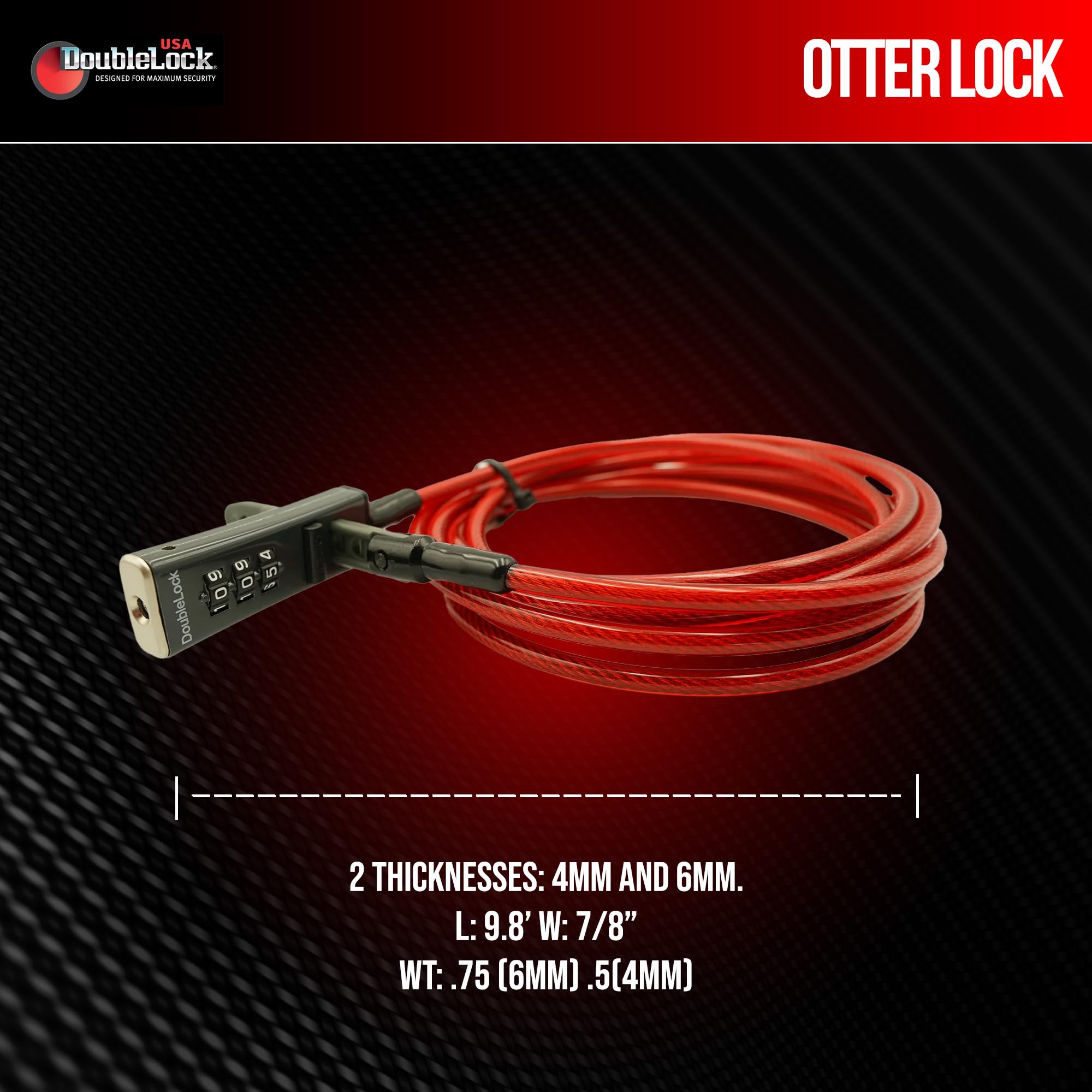 DoubleLock Otter Zintegrowany zamek szyfrowy – 3 m, odporny na warunki atmosferyczne, stalowy kabel, bezkluczykowy, resetowalny zamek do sprzętu outdoorowego, rowerów, chłodnic, kajaków i sprzętu
