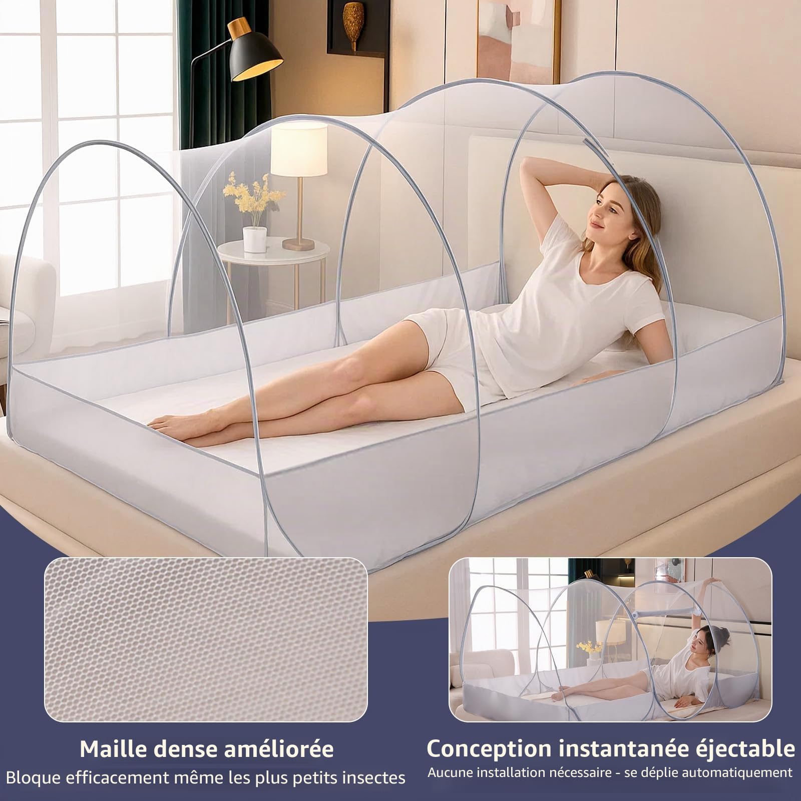 Moustiquaire pliable pop-up pour lit simple familial avec fermeture éclair, tente de camping portable, tente de moustique facile à installer pour la maison, le camping, les voyages, le dortoir
