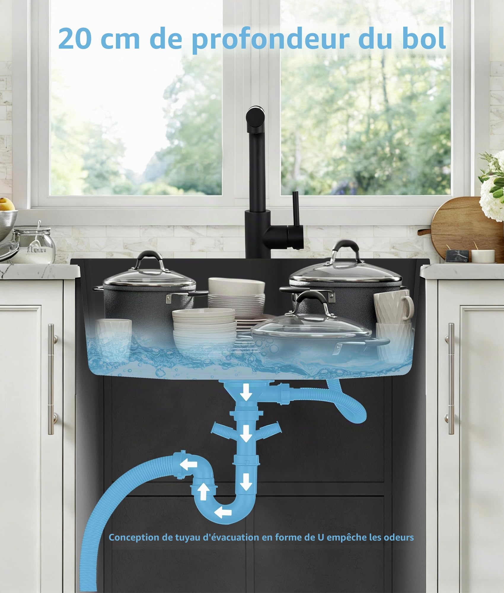 Évier de Cuisine Noir en Granit, Evier Cuisine 1 Bac 70 x 45 cm, Avec Bac Intérieur de Rechange et Vidange, Évier Cuisine Adaptable aux Meubles Bas à Partir de 80 cm de Largeur