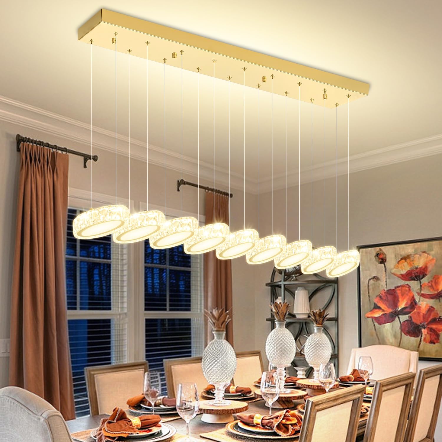 Rectangular Crystal Chandelier for Dining Room Pendant Chandelier for Kitchen Modern Linear Crystal Chandeliers Over Table Gold 9 Lights