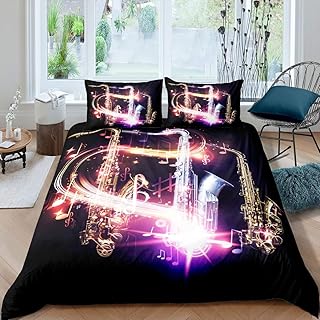 3D Saxophone Duvet Cover Classical Music Bedding Set Melody Music Theme Comforter Cover for Boys Girls Kids Room Decor Musical Instrument Bright Colorful Bedspread Cover Twin Size With 1 Pillow Case