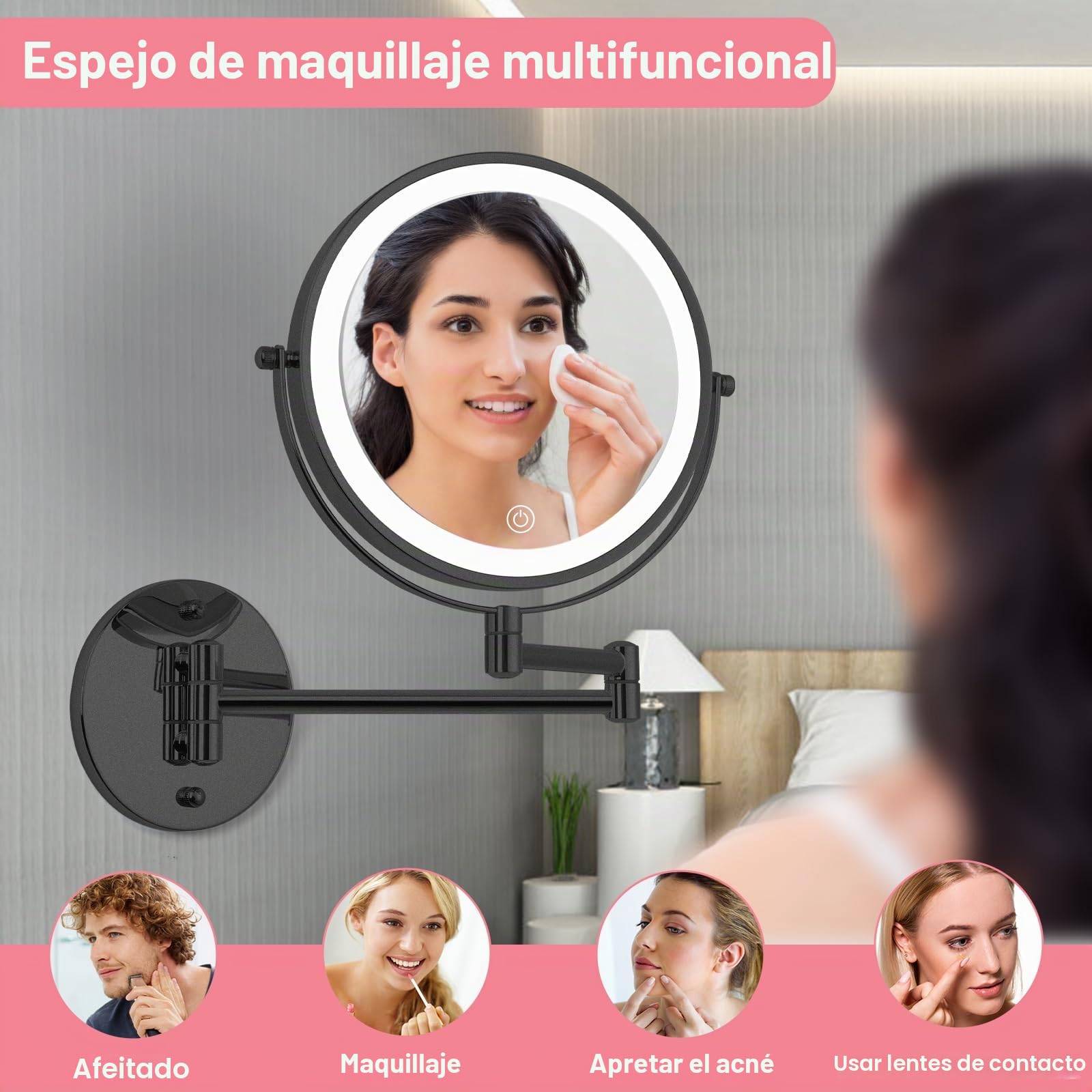 Espejo de maquillaje montado en la pared de 8 pulgadas con luces, espejo de afeitado LED recargable, aumento de doble cara 1X/10X, iluminación regulable de 3 colores, rotación de 360°, negro