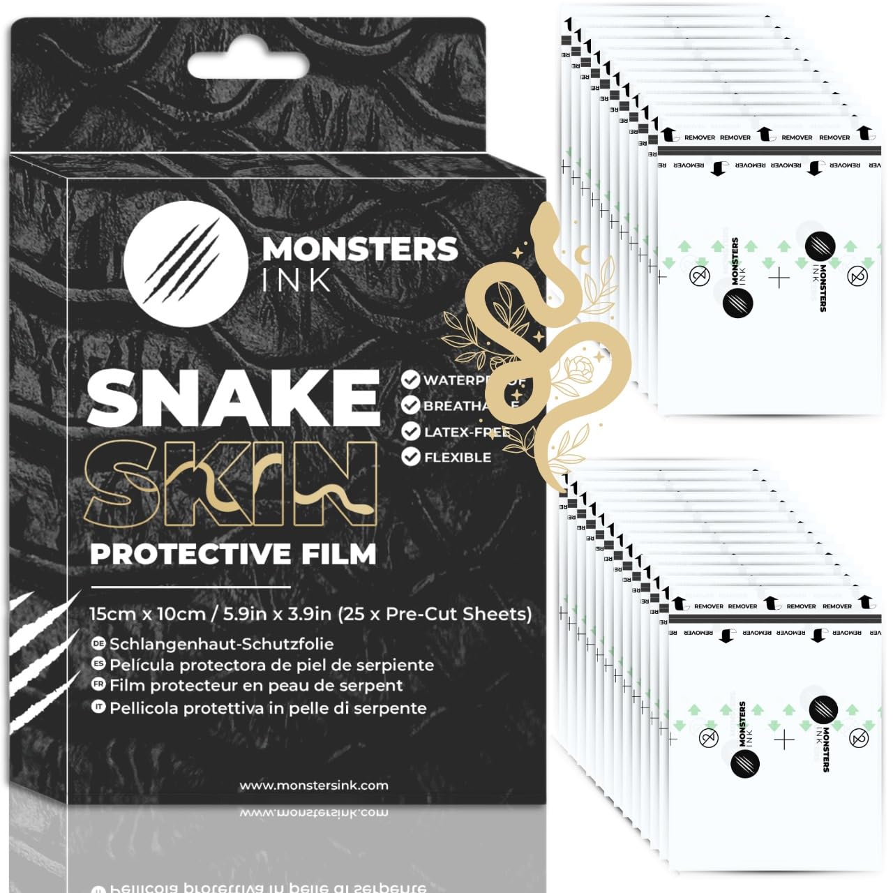 Monsters Ink Matte Second Skin Tattoo Cover Aftercare Bandage, Tattoo Wrap Film, Protection Film & Waterproof Dressings (15cm x 10cm (25 Sheets))