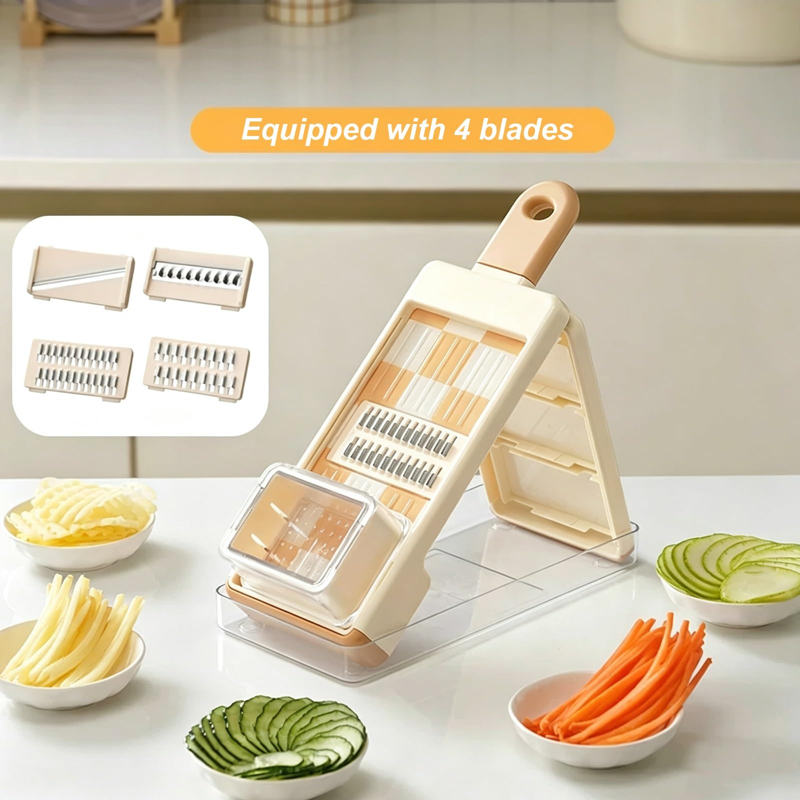 Mandolina de Cocina Profesional Cortador de Verdura, Mandolina Verduras, con Soporte para Alimentos, Cuchillas Ajustables Acero Inoxidable, Cortar Frutas y Verduras Rápidamente