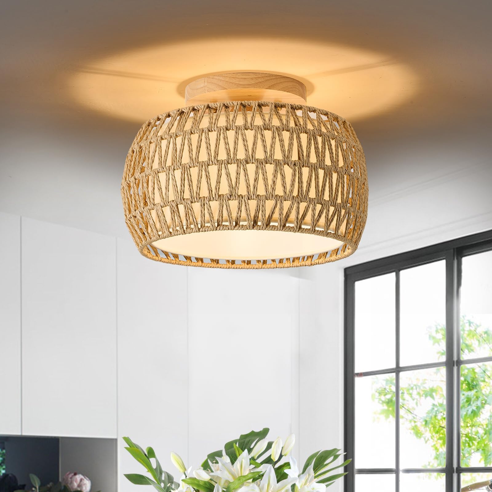 OCWHT Boho Chandelier Rattan Ceiling Light Fixtures Boho Lap Shade Flush Ount Ceiling Light - View #8